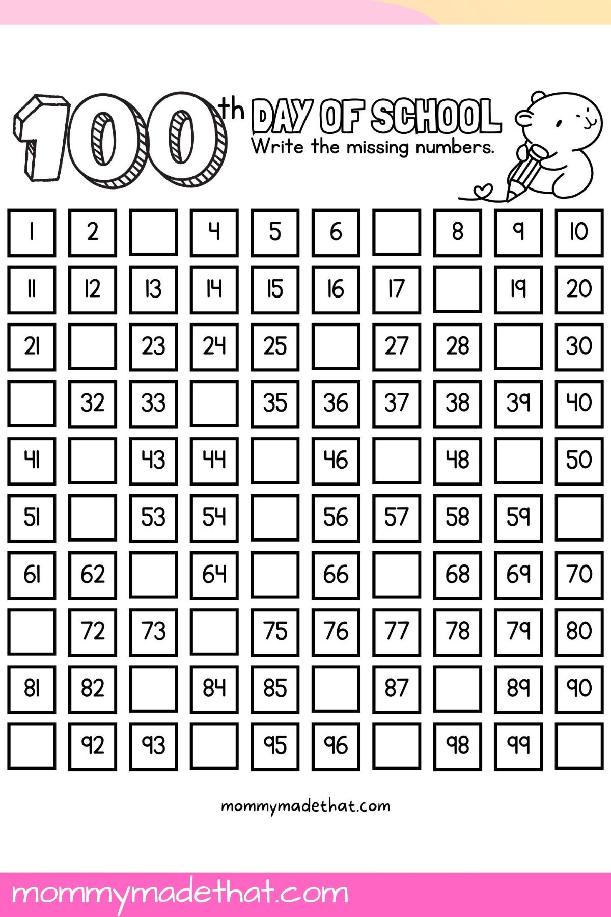 100 days of school counting worksheet,