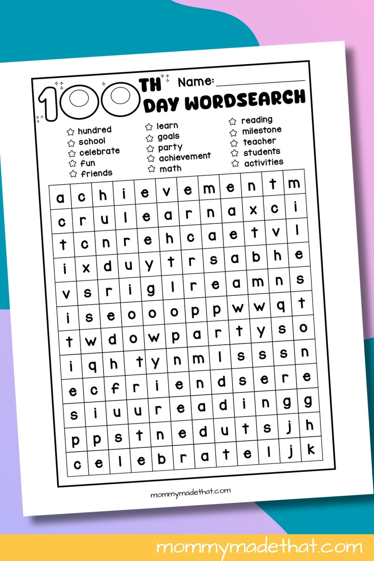 Free printable 100th day of school word search.