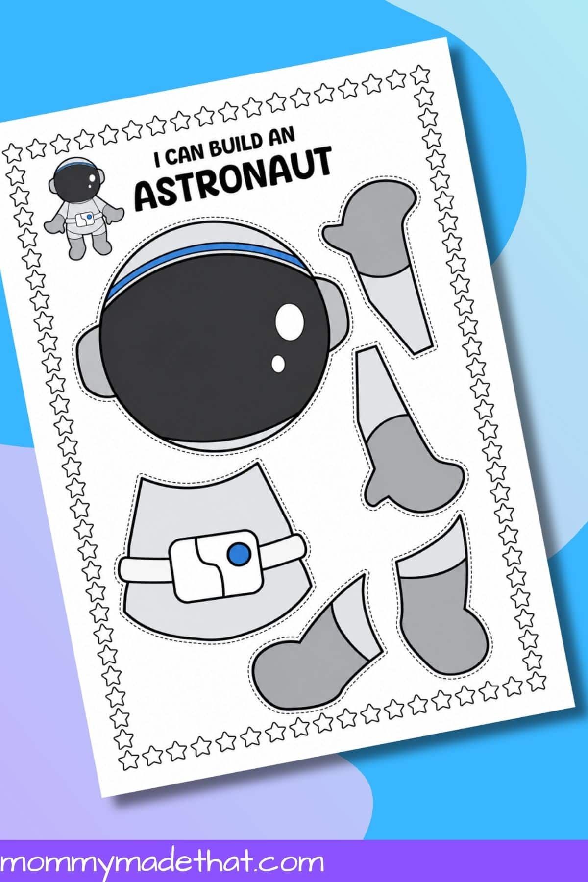 Astronaut printable craft showing both templates and the assembled paper astronaut.