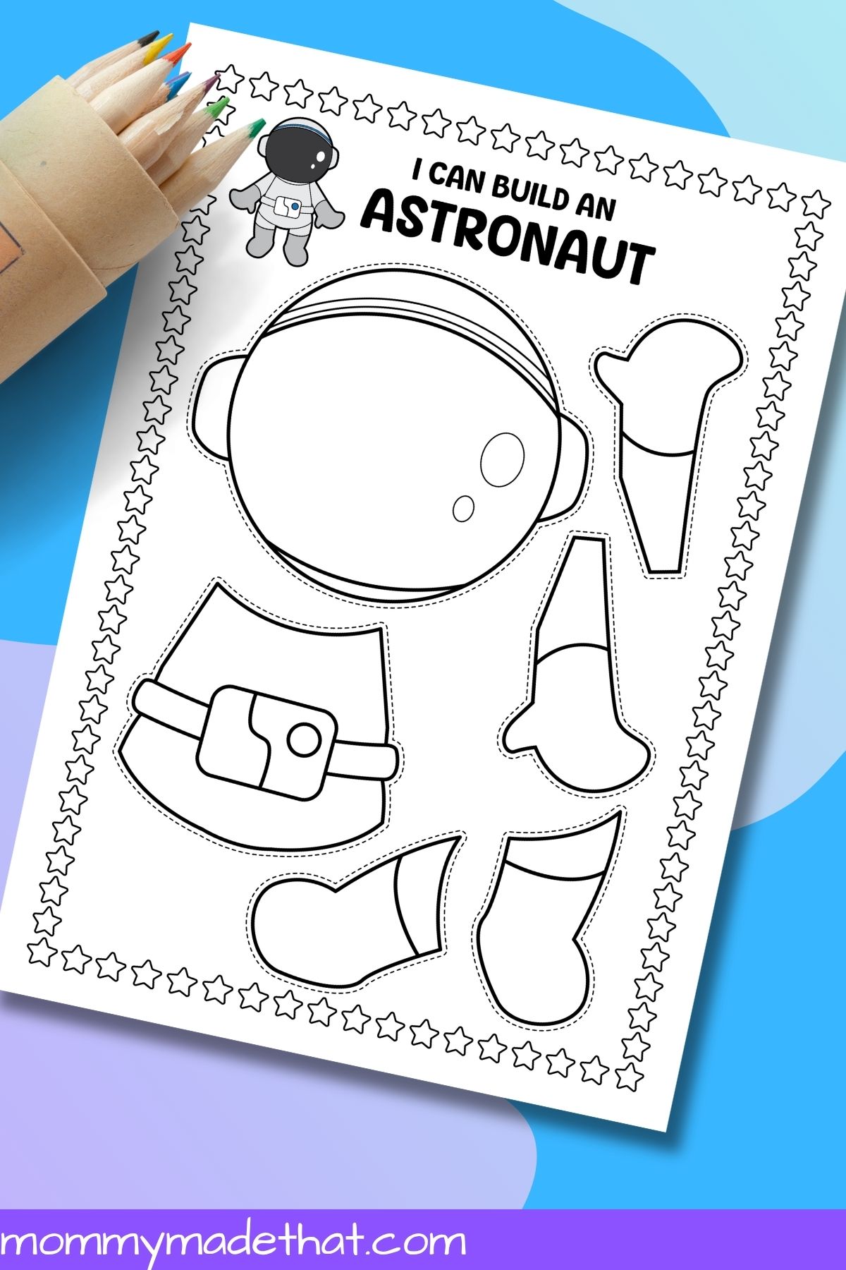 Precolored astronaut printable craft template with six cut-out pieces.