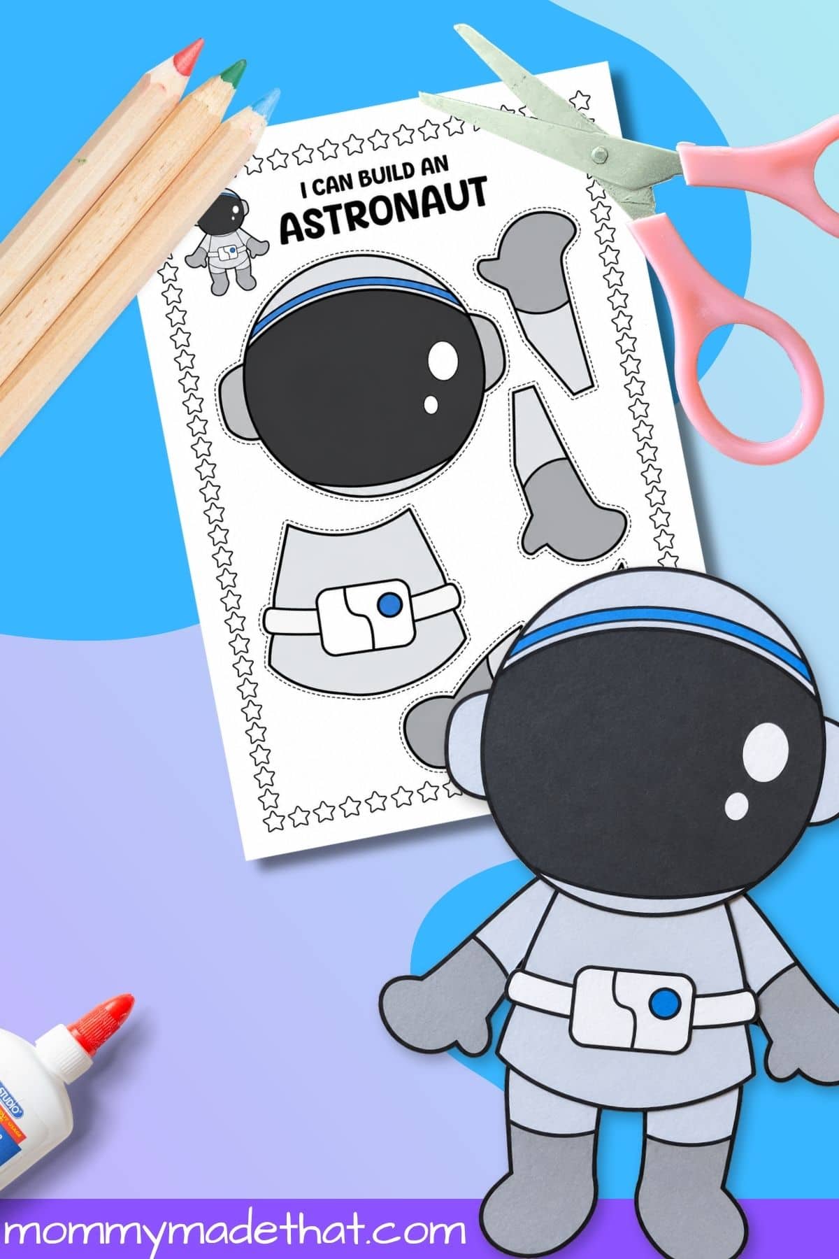 Astronaut coloring and cutting template with helmet, body, arms, and boots.