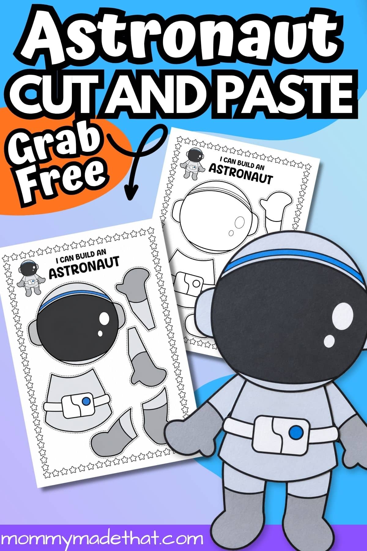 Assembled paper astronaut beside the cut-and-paste template and craft supplies.