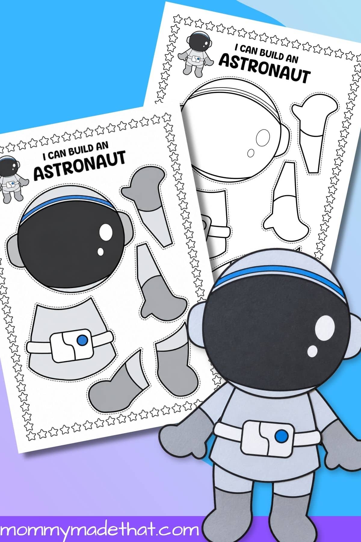 Free astronaut cut-and-paste craft with precolored and coloring templates.