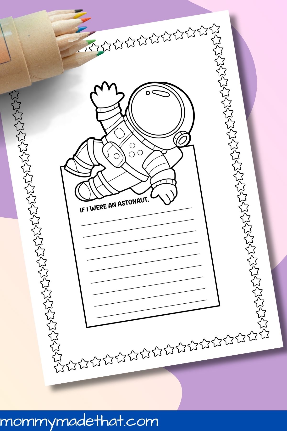 Astronaut writing activity with a space-themed coloring picture and lined writing area.