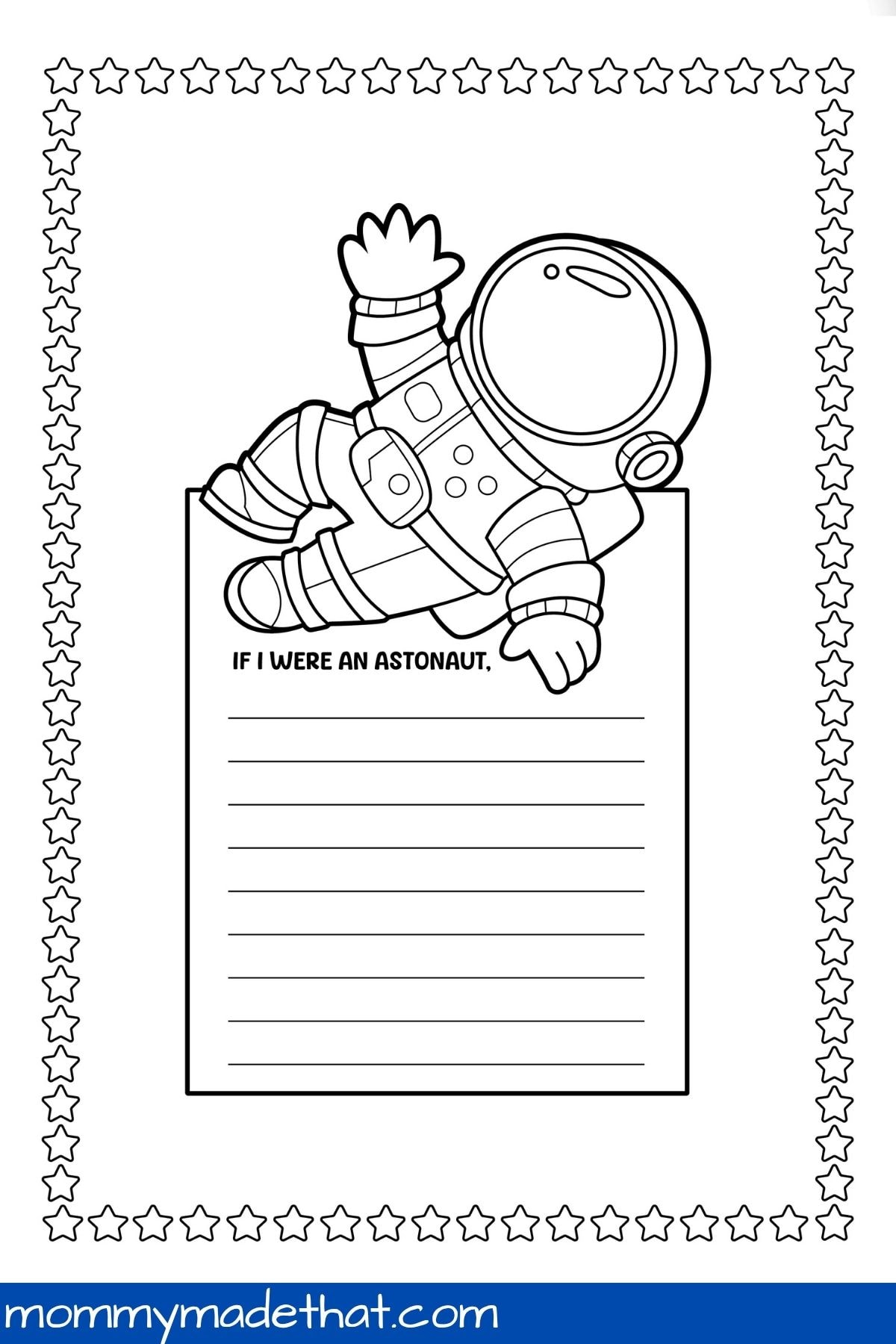 Black-and-white astronaut writing worksheet with a star border.
