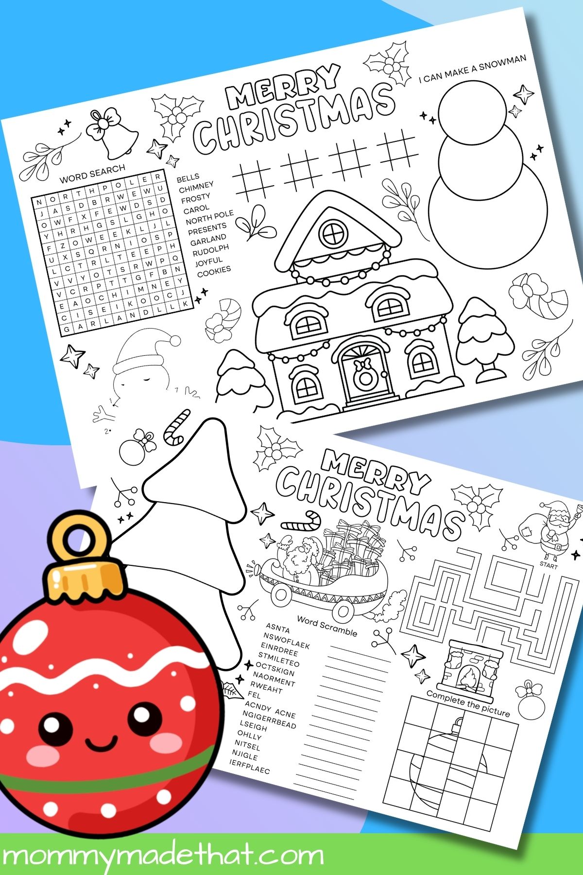 Christmas activity mats displayed with a smiling red ornament illustration