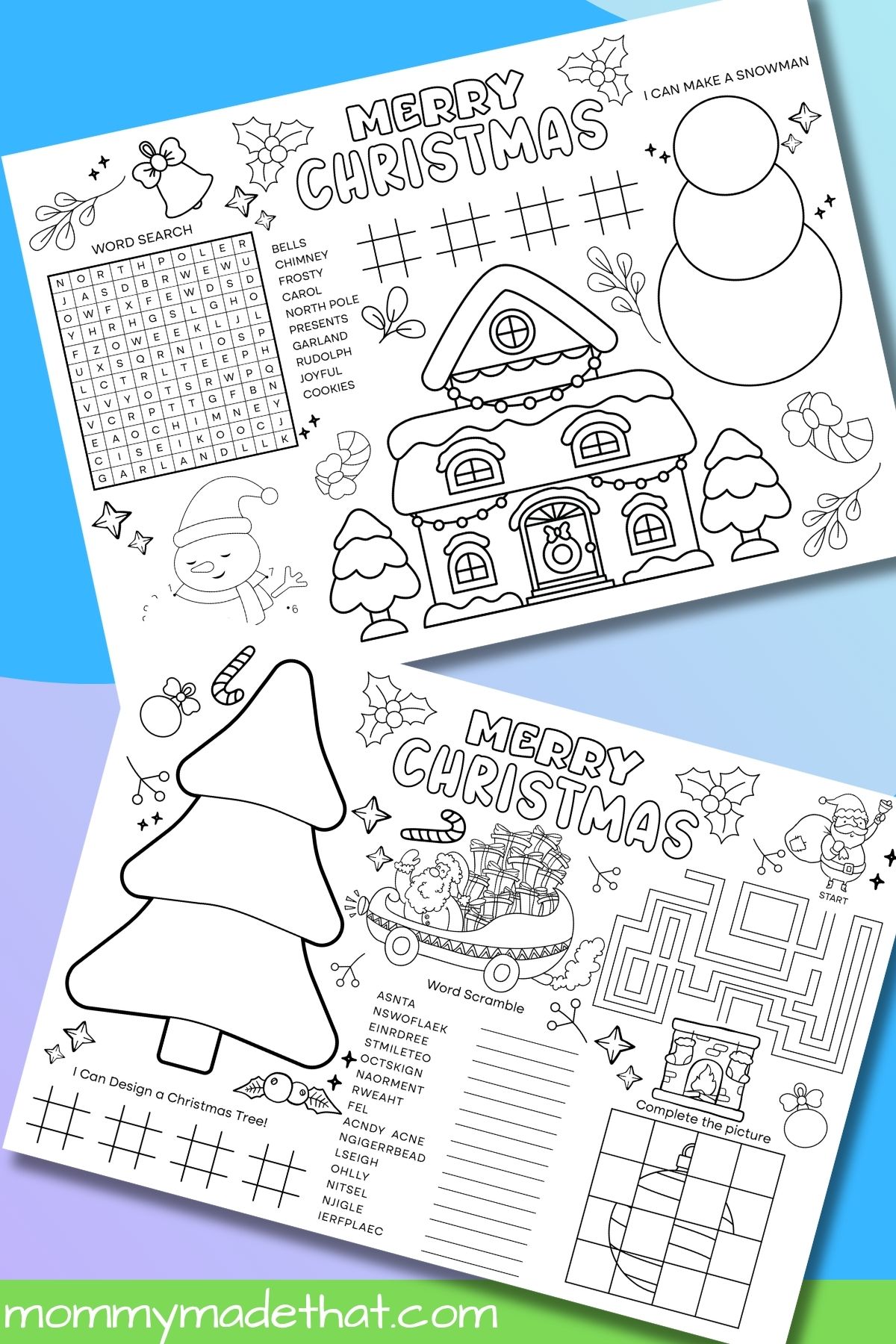 Two Christmas activity mats with word puzzles, a Christmas tree, snowman, maze, and gingerbread house