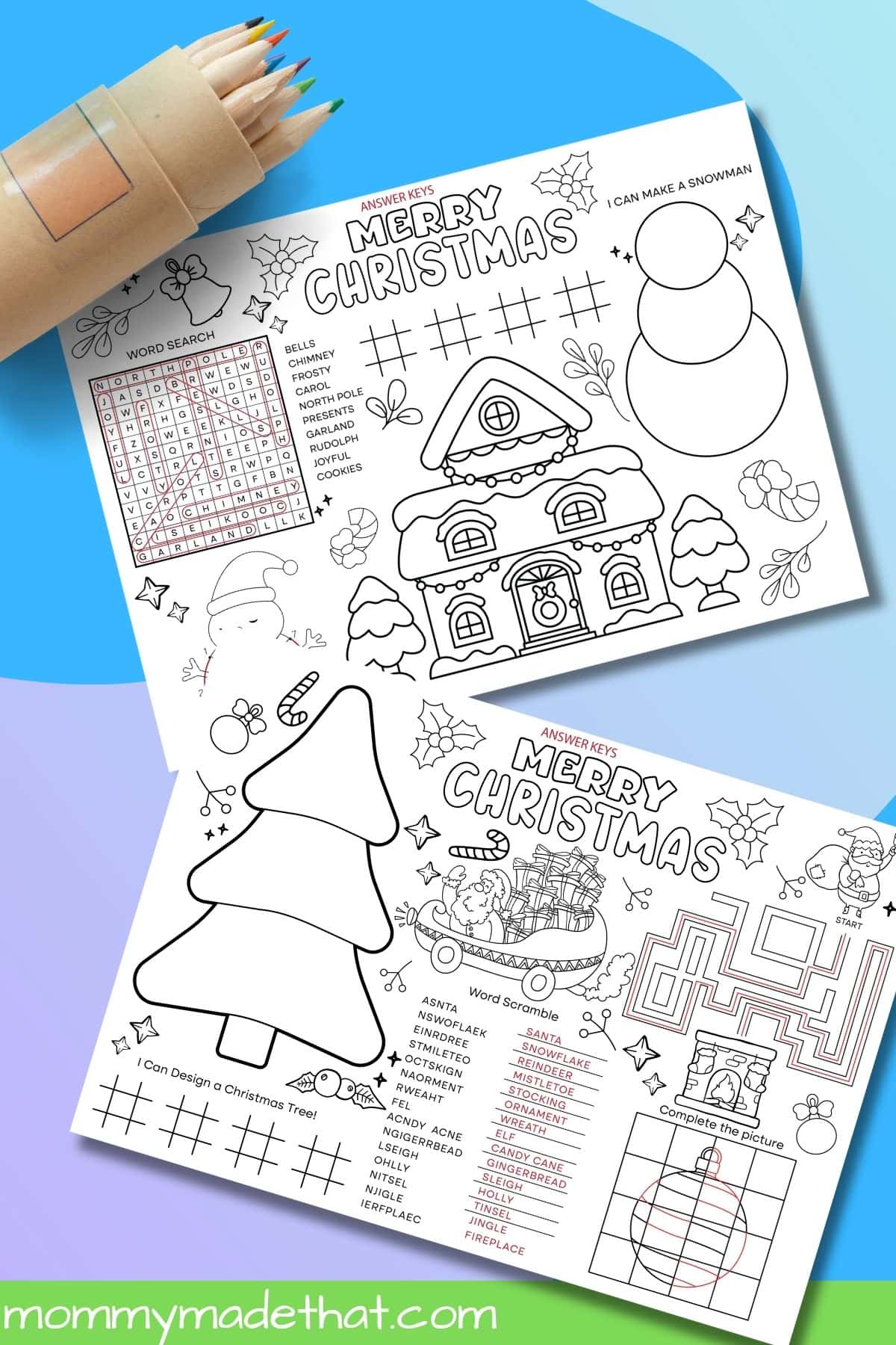 Christmas activity mat answer keys with red puzzle solutions and colored pencils