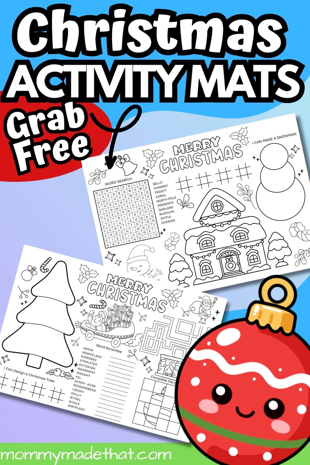 Free Christmas activity mats with two printable puzzle and coloring designs