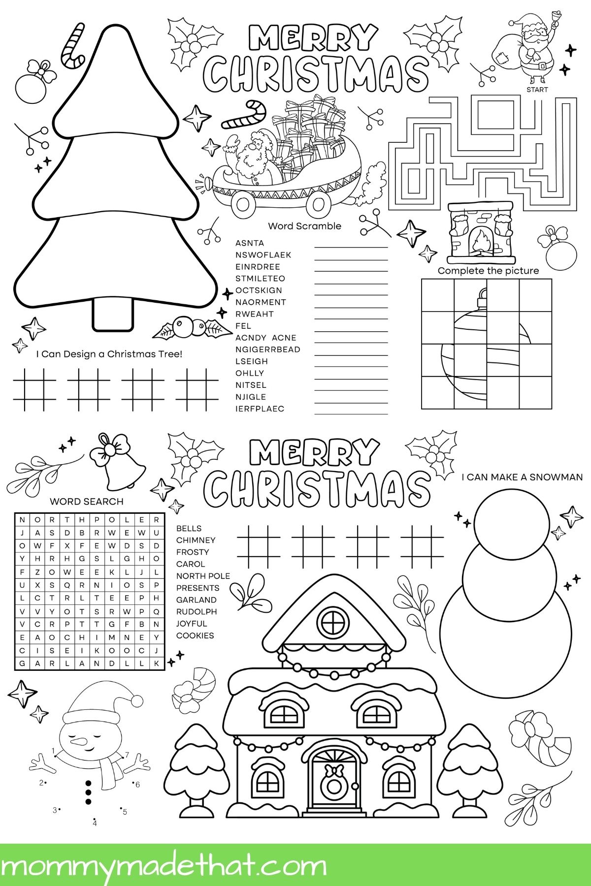 Black-and-white Christmas activity mat previews showing both printable designs