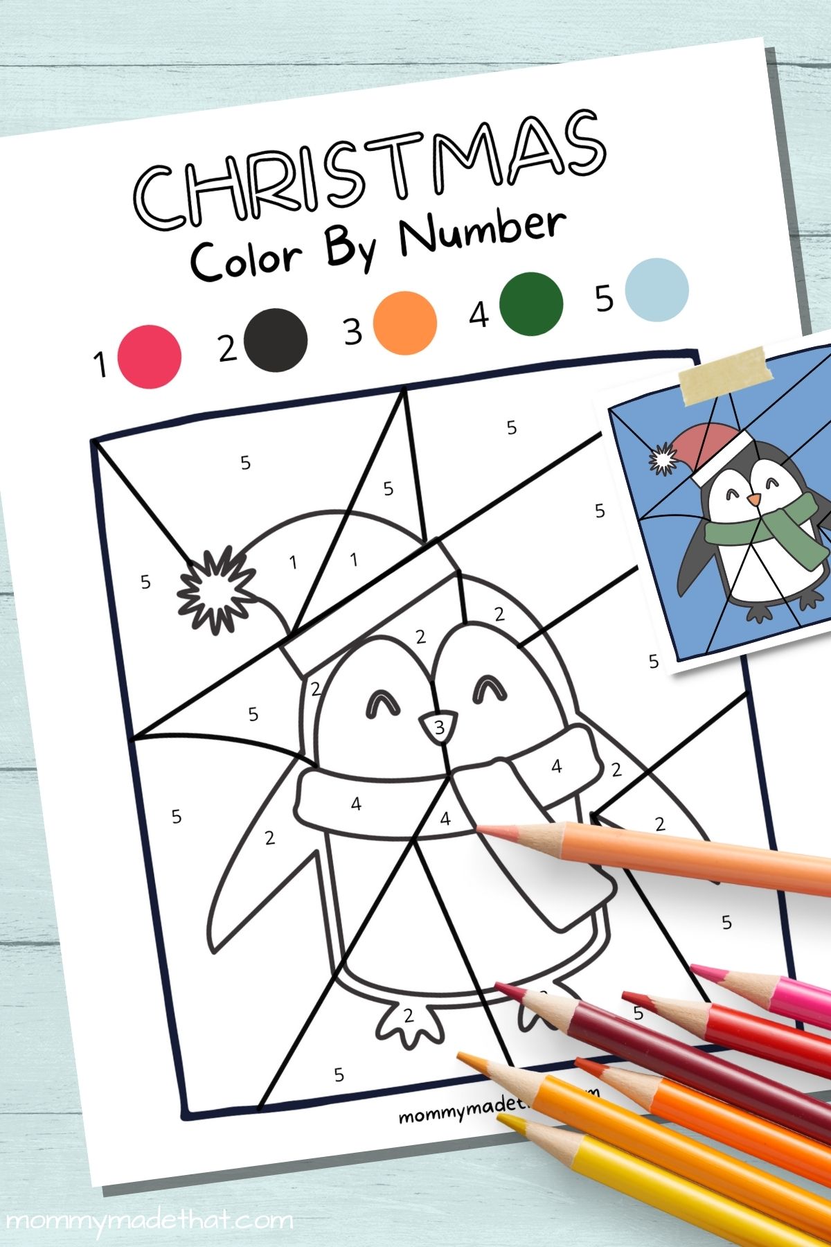 Christmas color by number free printables penguin