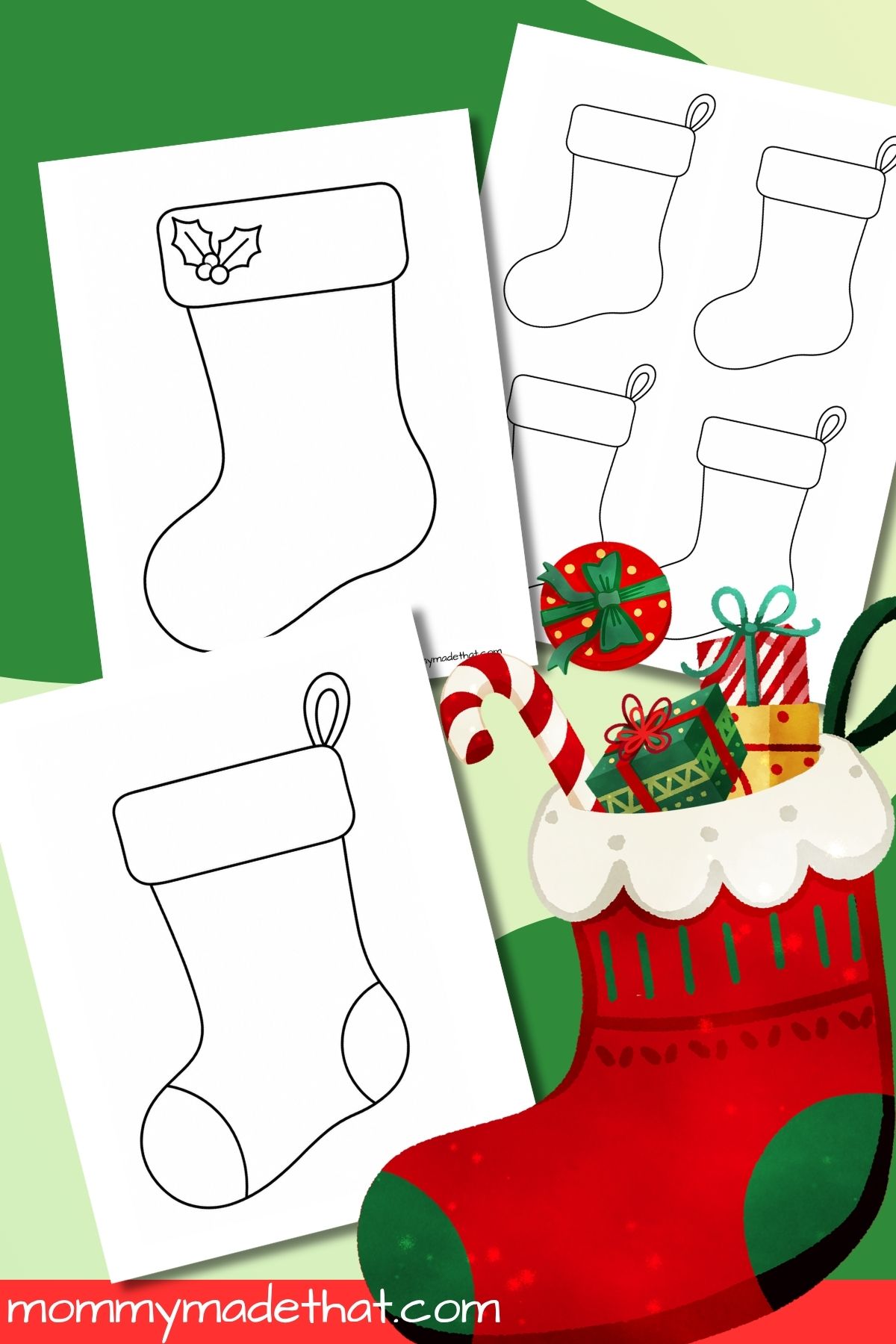 Christmas stocking templates showing plain, toe-and-heel, and holly outlines in large and small sizes.
