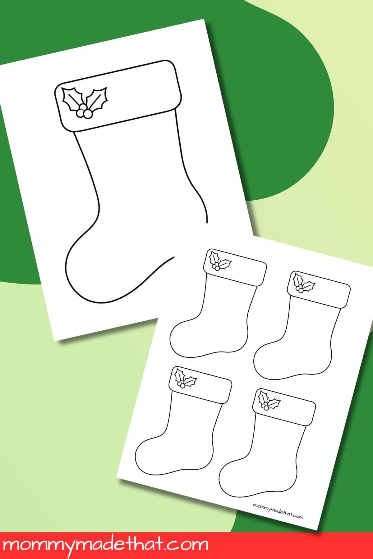 Holly Christmas stocking template in a large size and four smaller outlines.