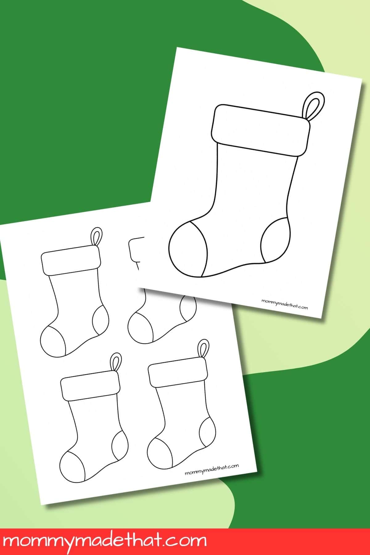 Large and small Christmas stocking templates with toe and heel details and hanging loops.