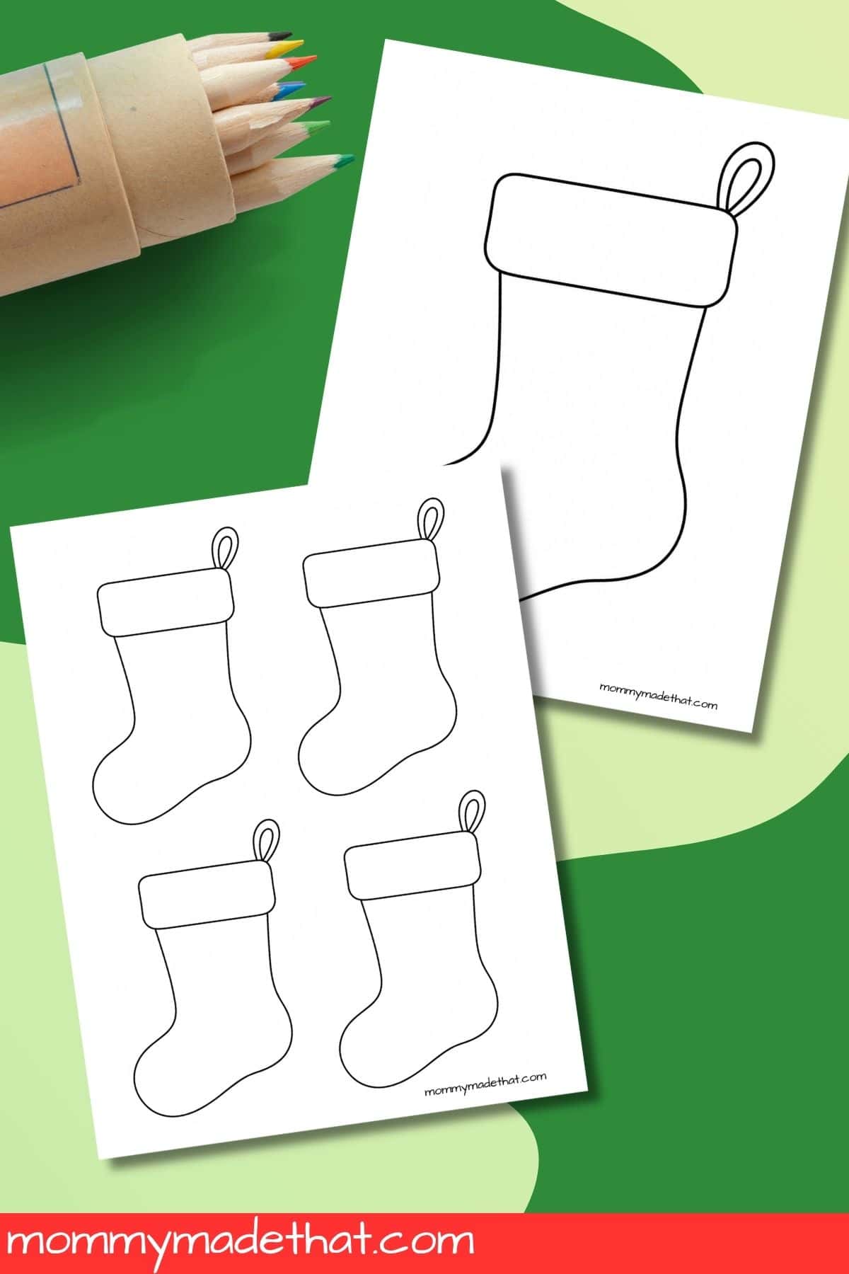 Plain Christmas stocking outline in a large size and four smaller templates beside colored pencils.