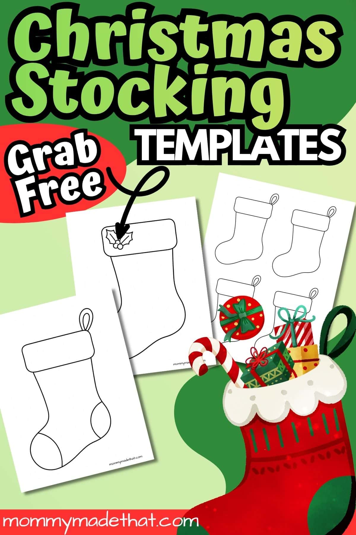 Free Christmas stocking templates graphic showing printable outlines and a red stocking filled with gifts.