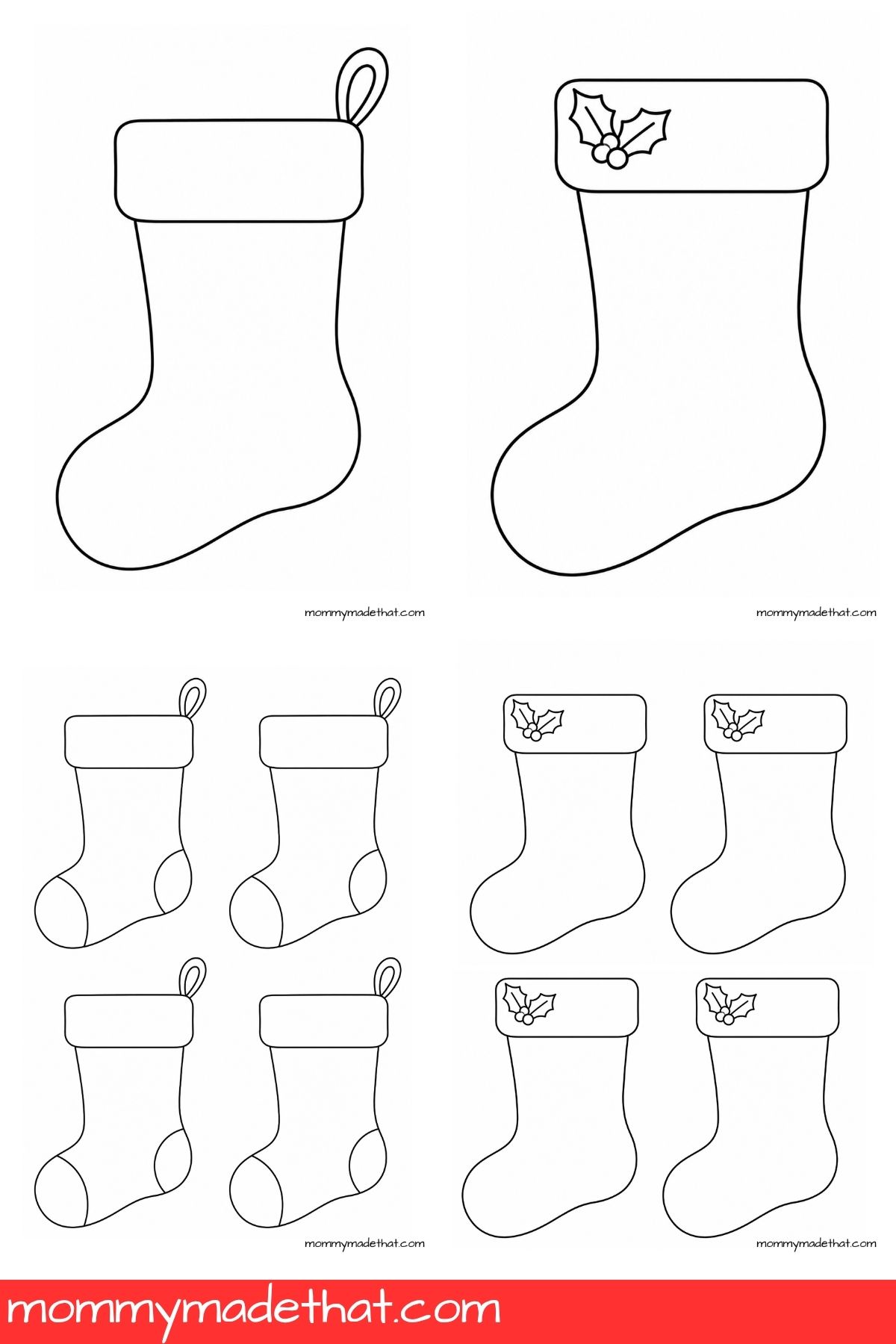 Printable stocking outline collection with plain and holly designs and four small toe-and-heel stockings.