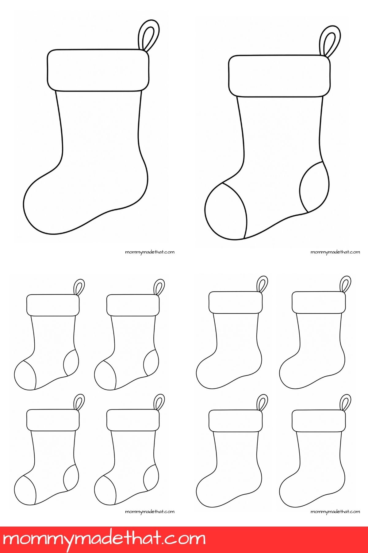 Large plain and toe-and-heel stocking outlines above sheets of four smaller stocking templates.