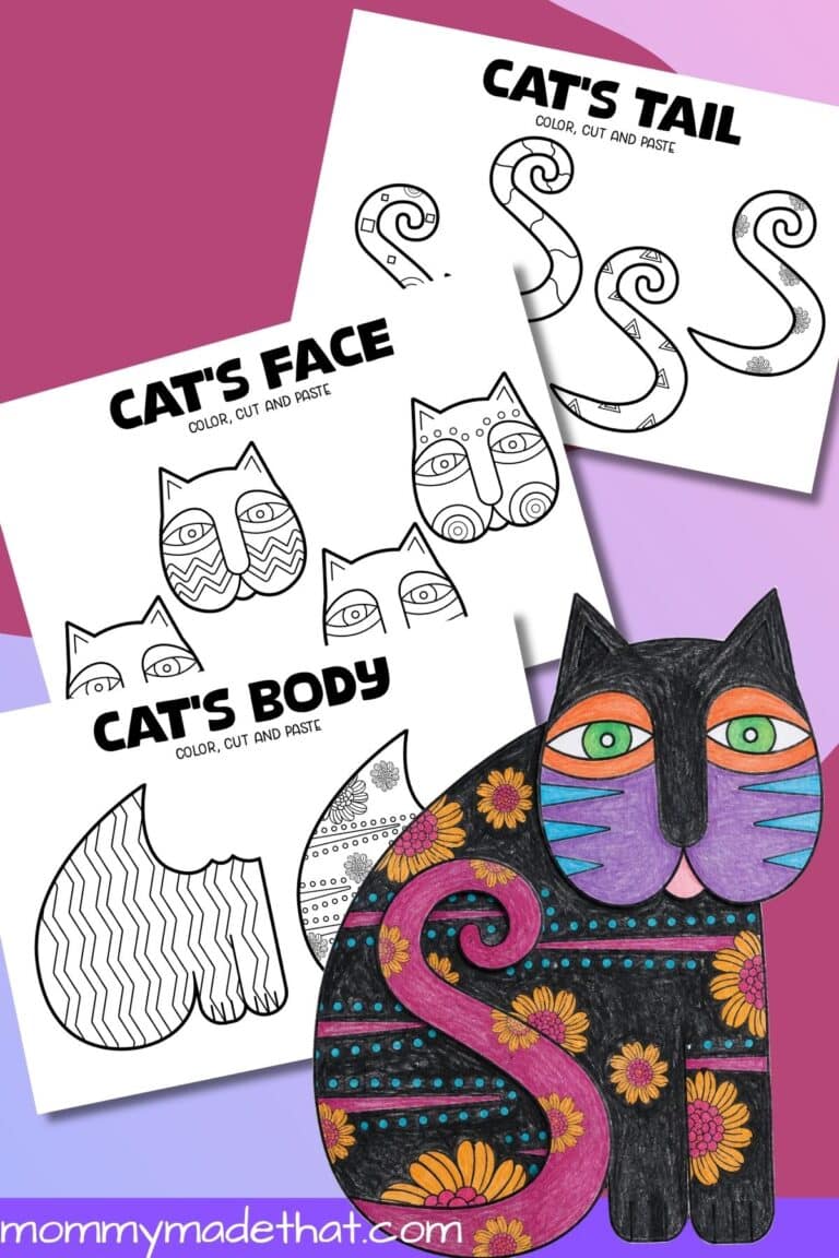 Colorful paper cat and printable craft templates