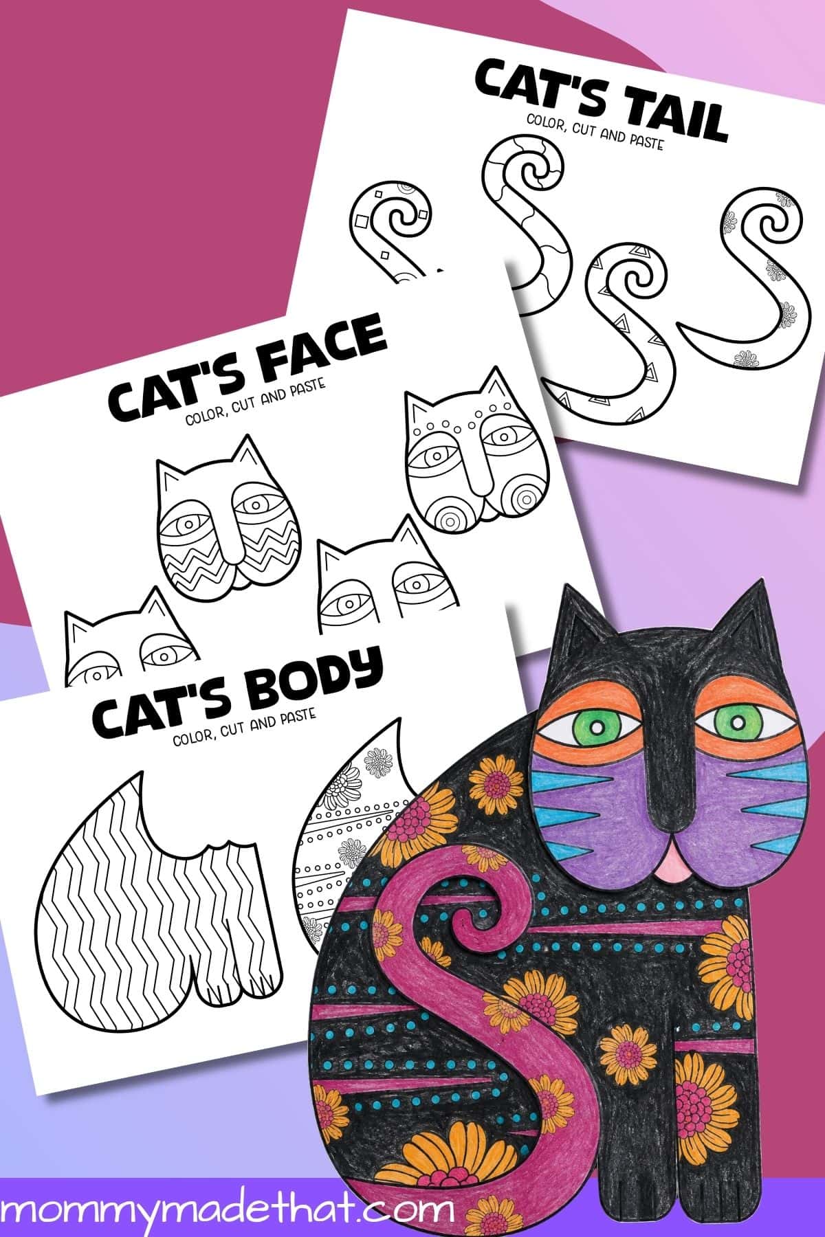 Colorful Laurel Burch-inspired paper cat with printable face, body, and tail templates