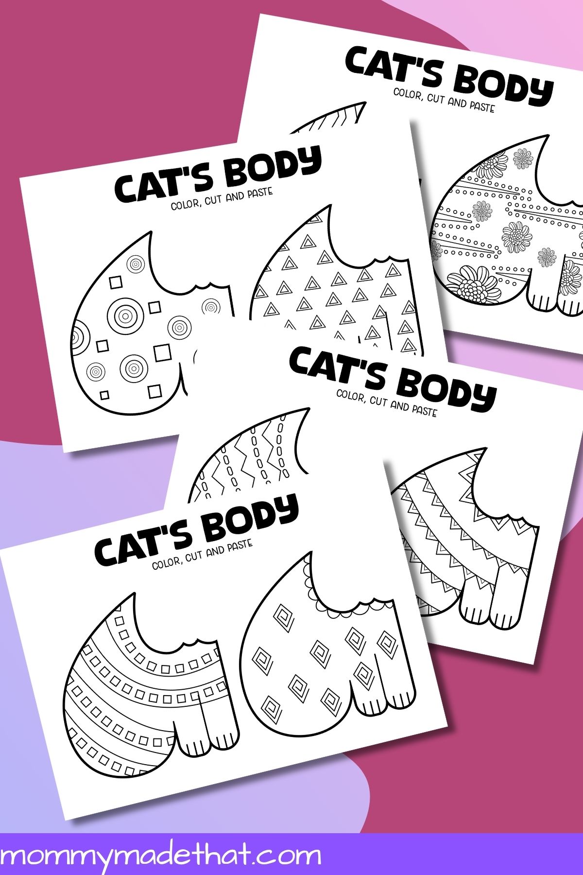 Eight patterned cat body templates with flowers, stripes, and geometric shapes