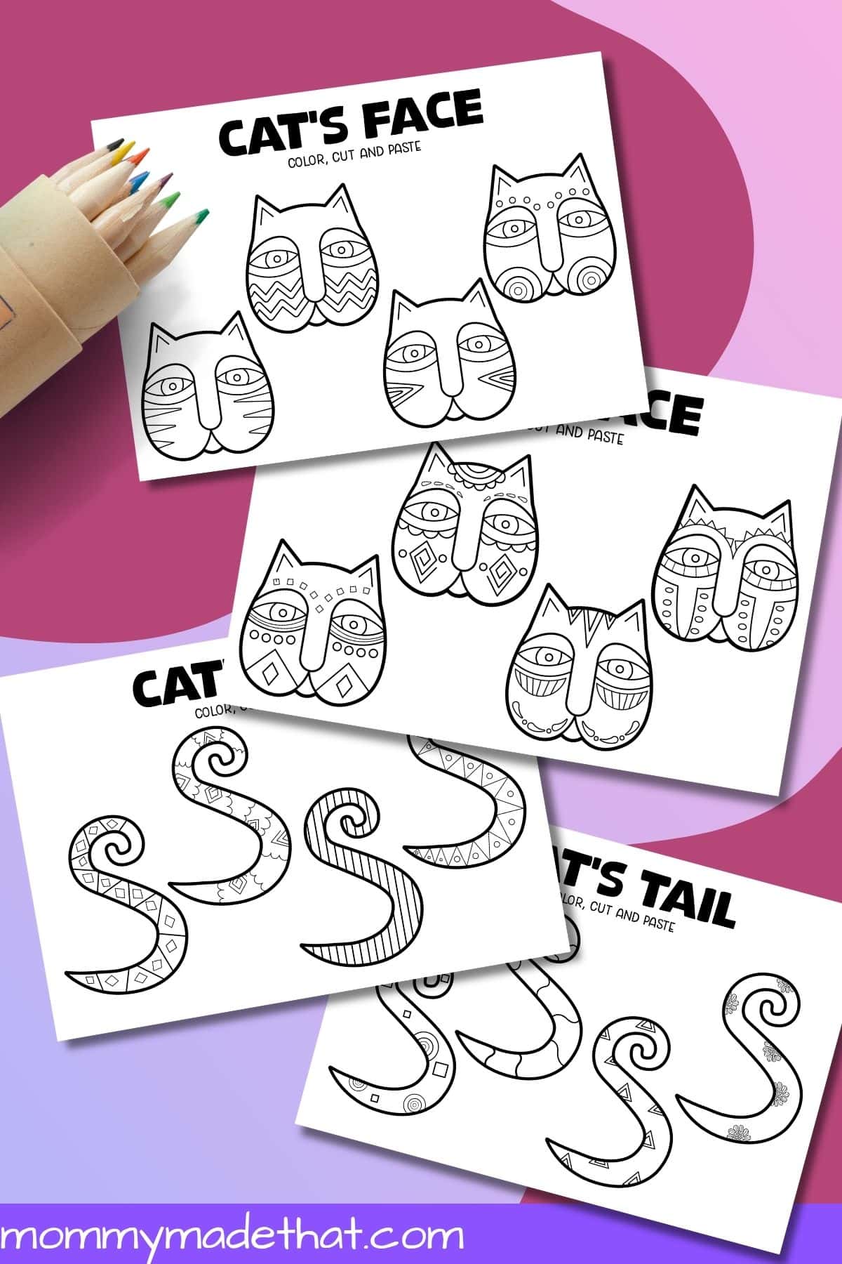 Mix-and-match cat face and curled tail coloring templates