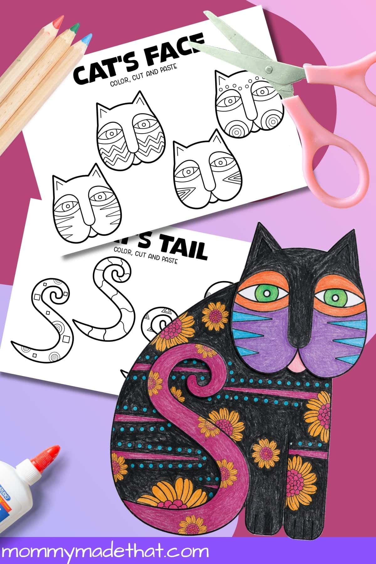 Assembled patterned paper cat beside coloring templates and craft supplies