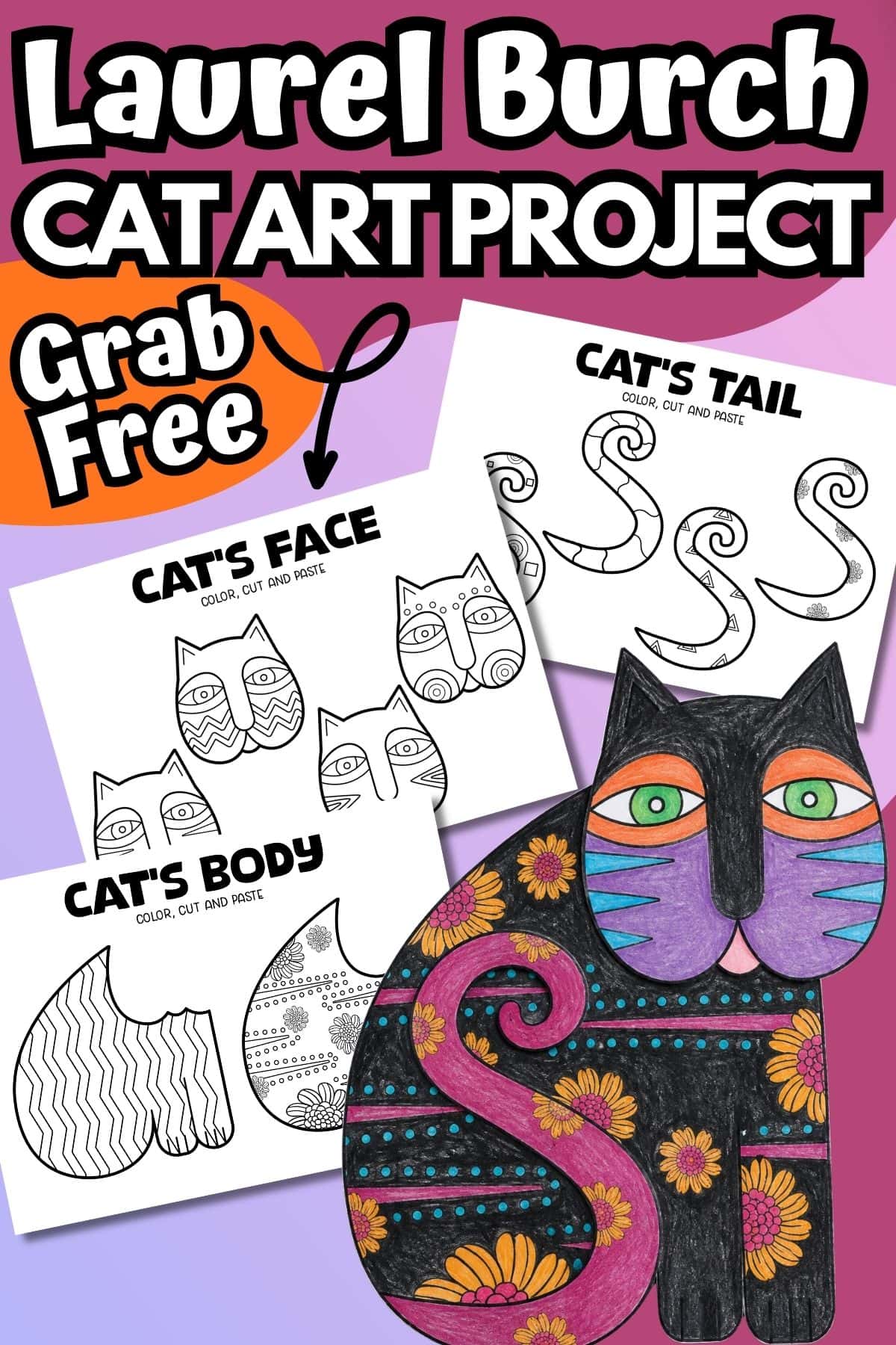 Free Laurel Burch cat art project with printable templates and a colored cat