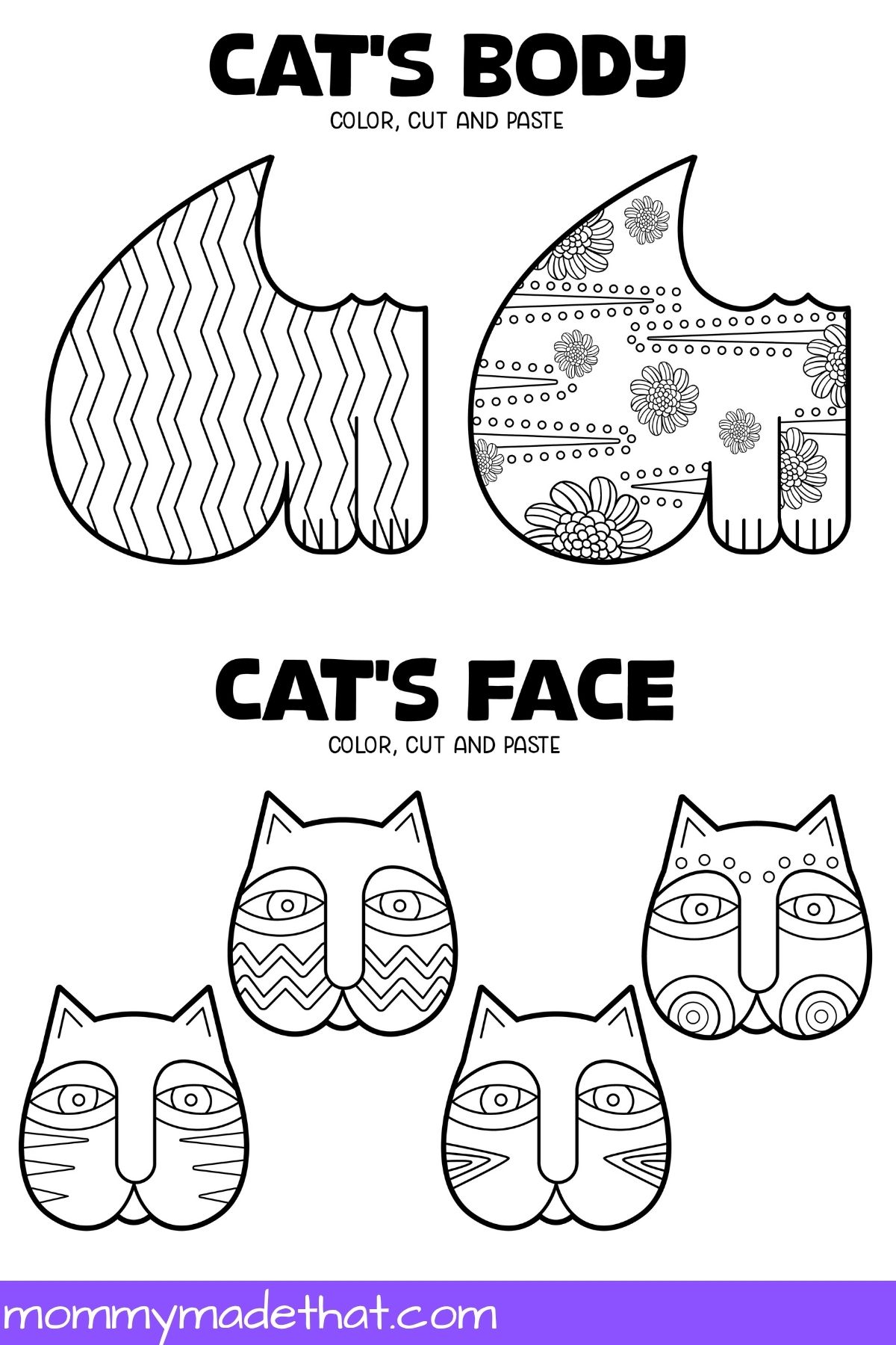 Cat body and face template preview with floral and geometric patterns