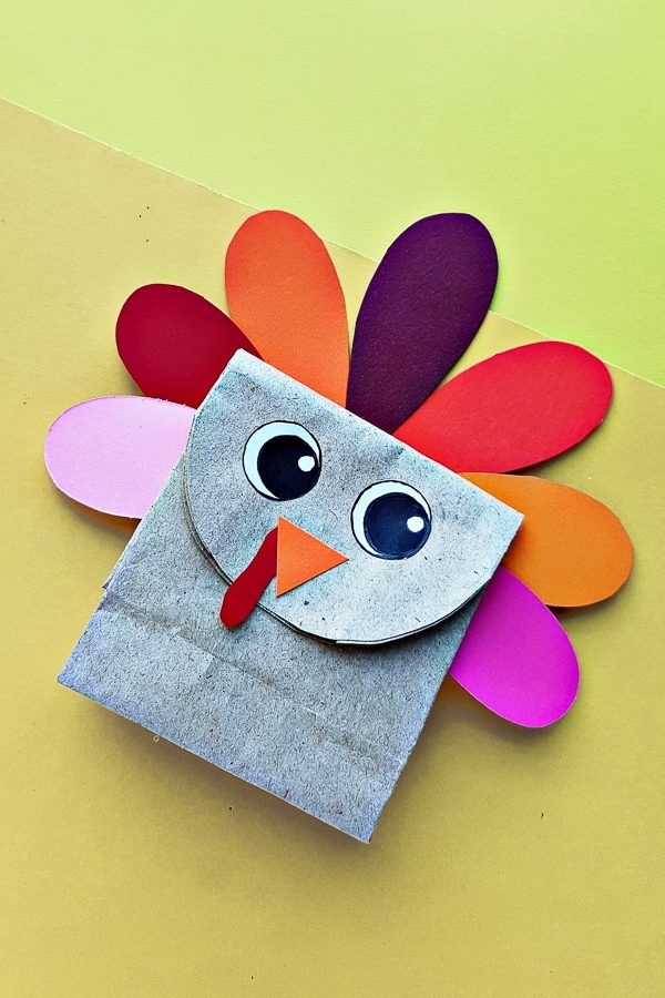 Paper bag turkey craft. A cute turkey made from a small paper bag.