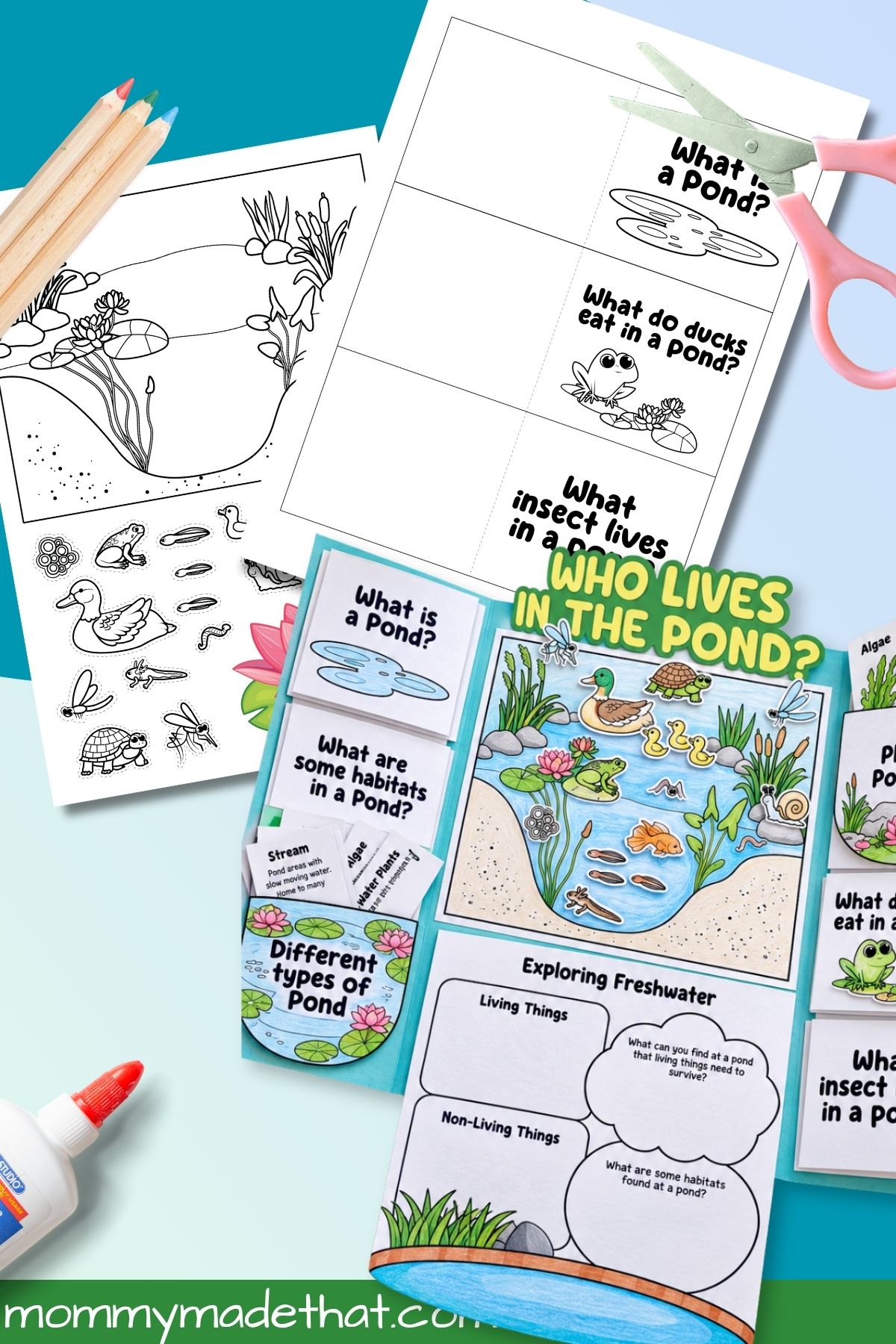 Six pond lapbook printable pages with animal cutouts, plant cards, and a freshwater worksheet