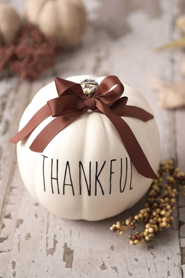 cricut thanksgiving pumpkin craft, creamy pumpking with the word "thankful" printed on it