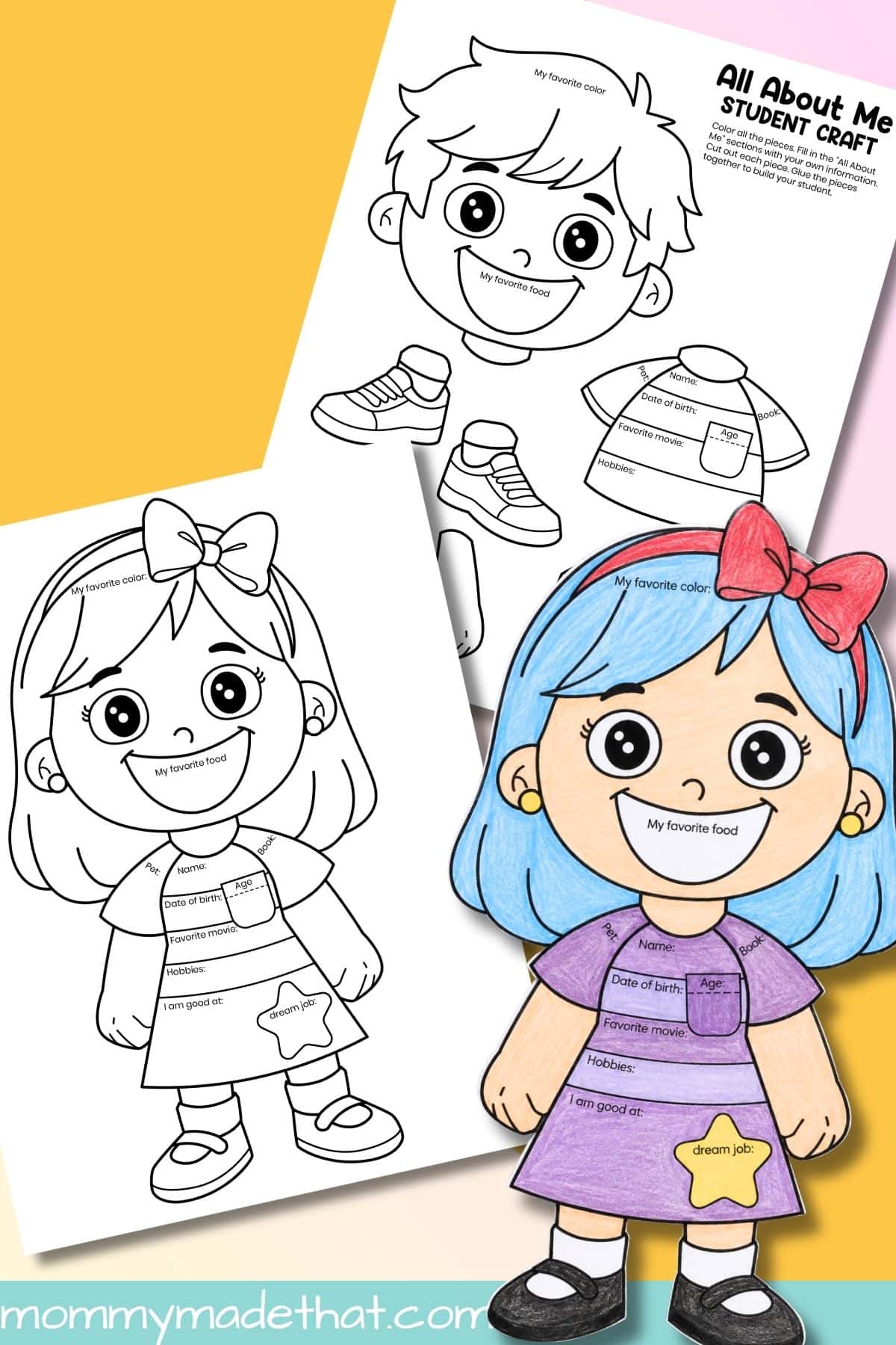 All About Me craft printable with student templates and a colored paper girl with blue hair and a purple dress.