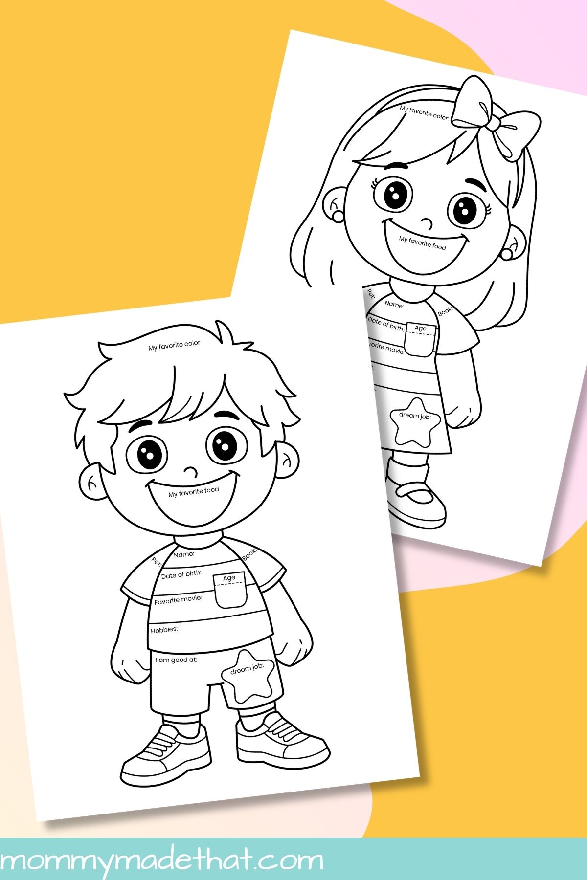 Black-and-white All About Me student figures with personal information and favorites prompts.