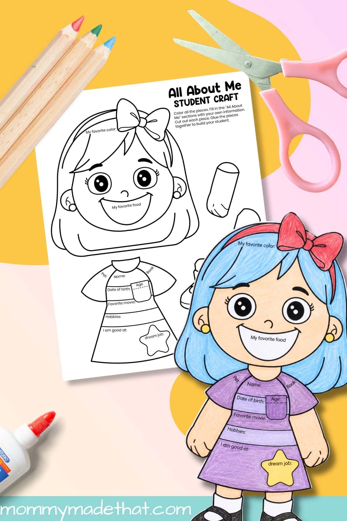 Colored All About Me paper student beside the matching cut-and-glue template, scissors, pencils, and glue.