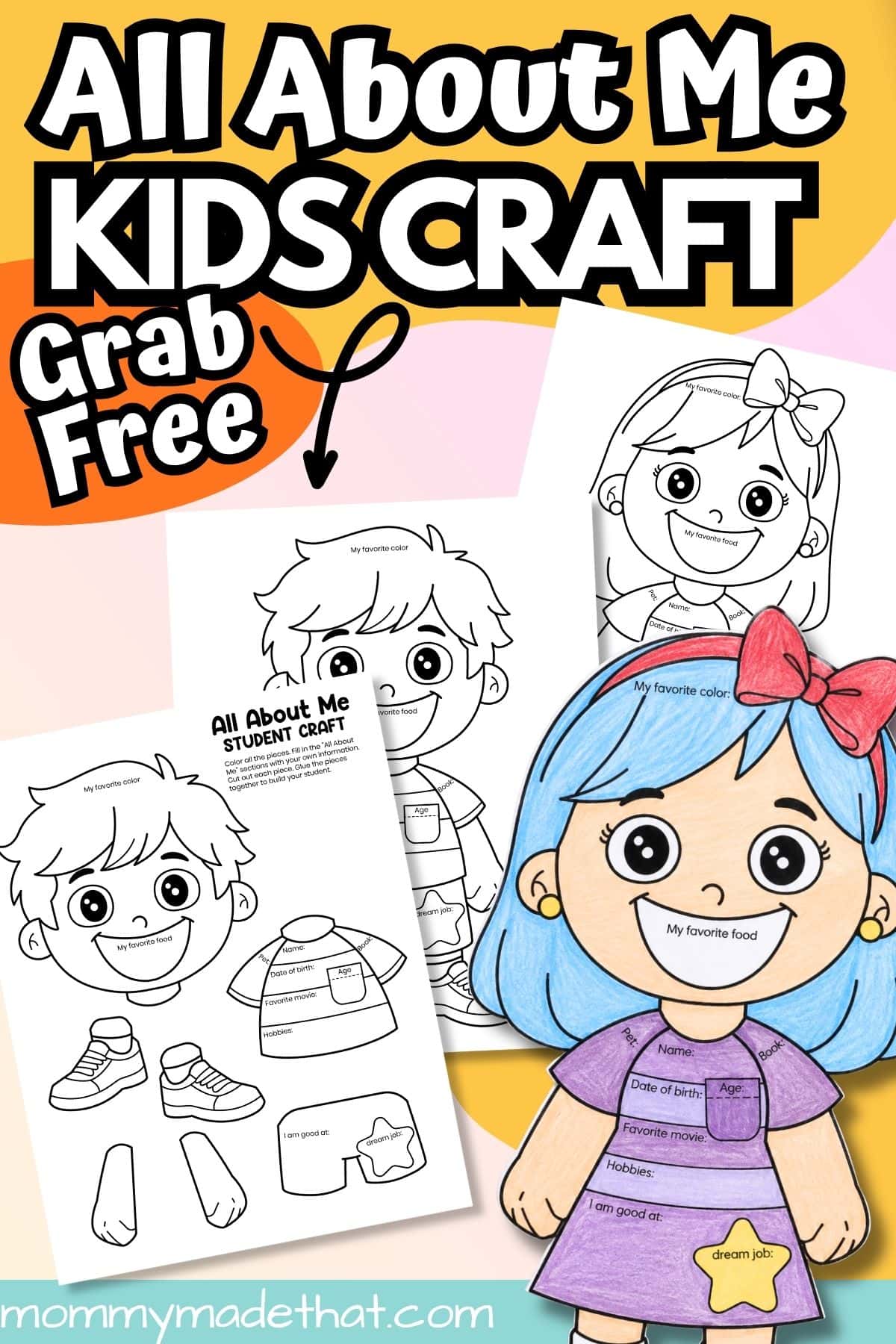 Free All About Me kids craft graphic showing student templates and a colored paper girl.