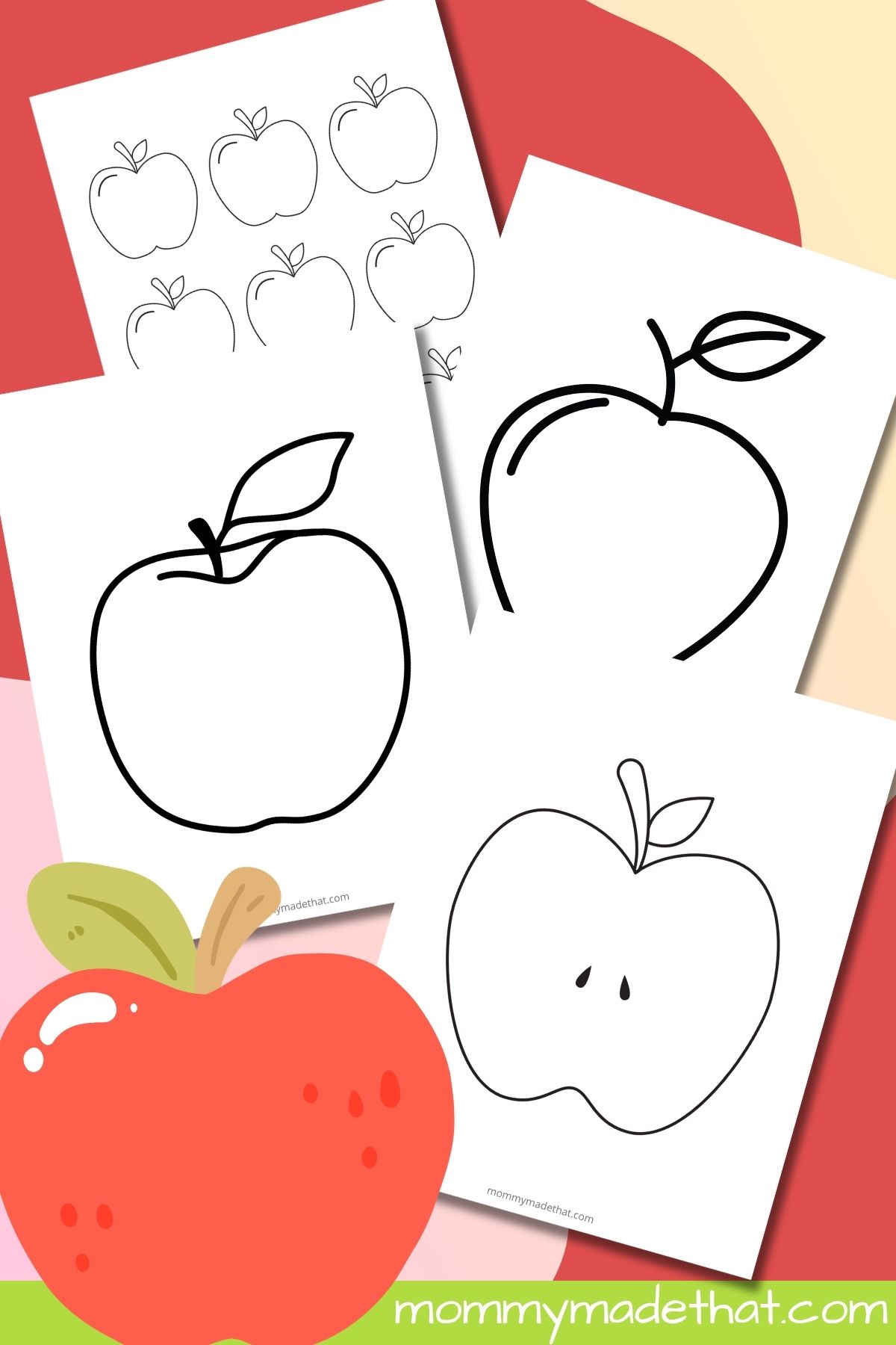 Free printable apple templates with large outlines, small apples, and an apple with seeds