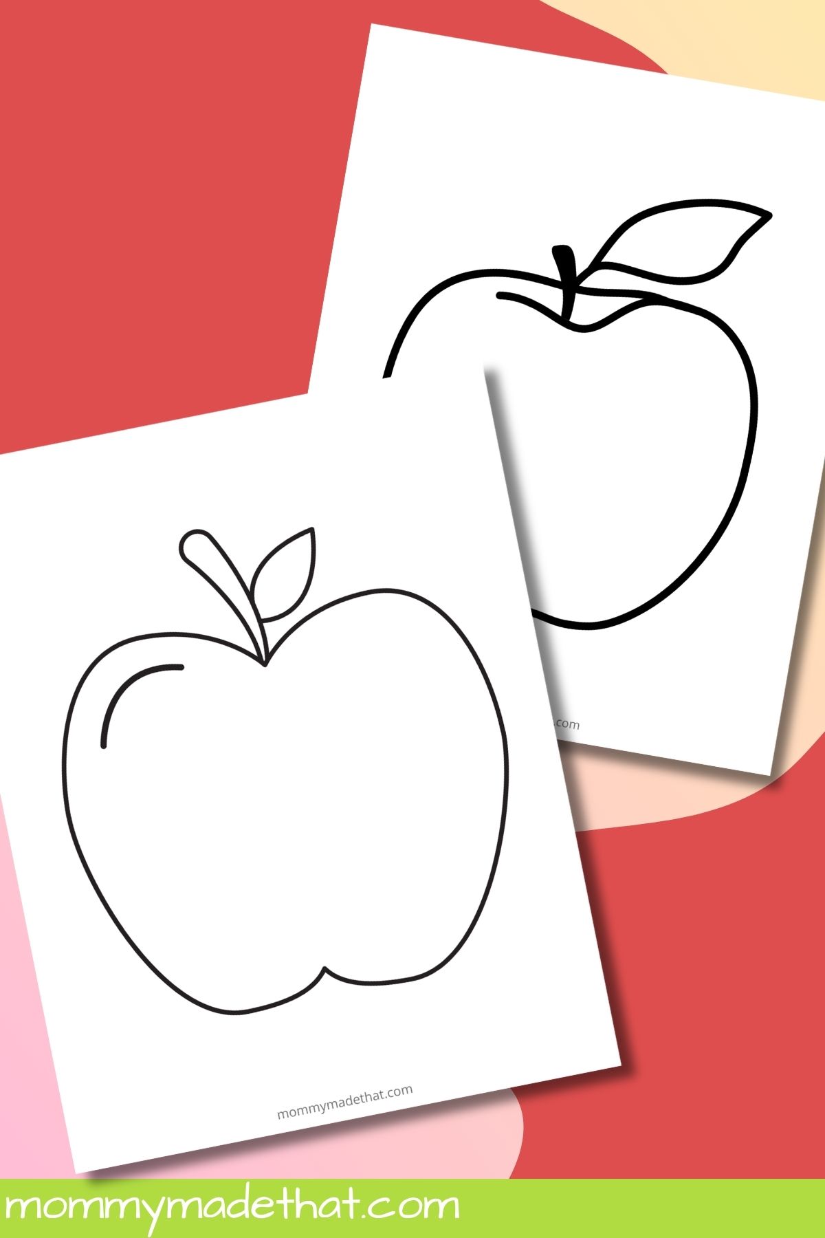 Two printable apple outlines with stems and leaves for coloring