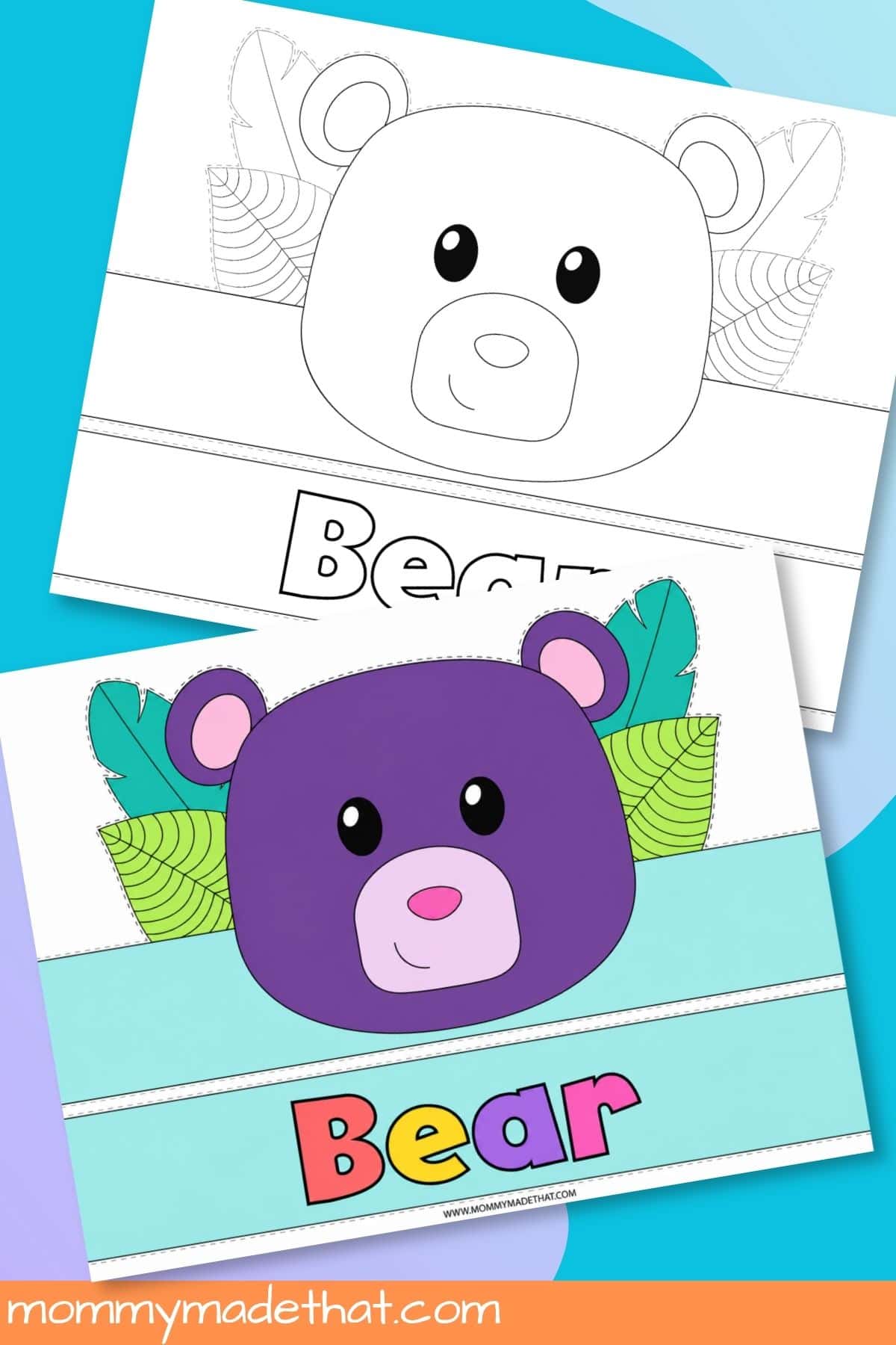 Full-color and coloring versions of the bear crown printable with separate Bear back bands