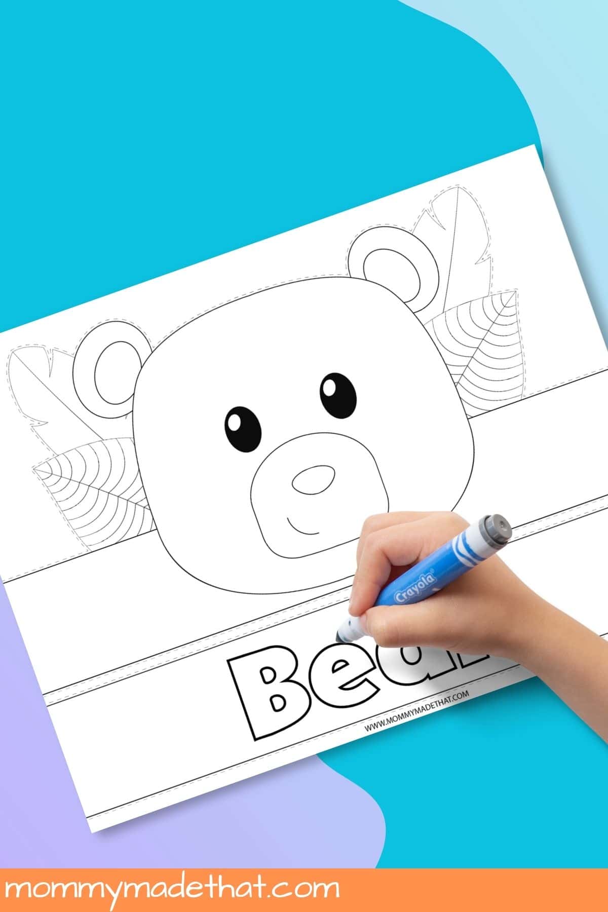 Child coloring the Bear lettering on a black-and-white paper crown template