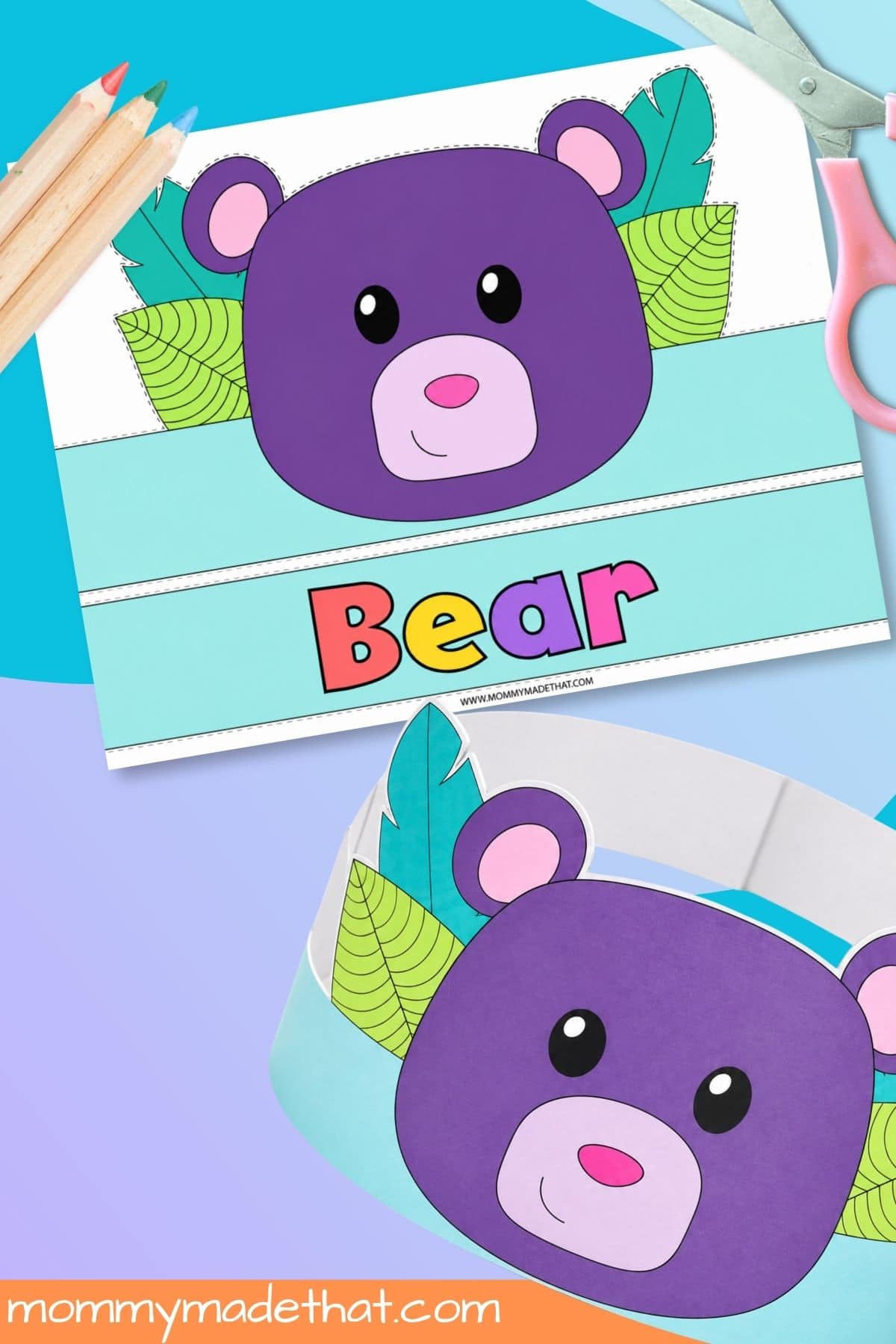 Purple bear hat template with a turquoise band beside the assembled paper crown