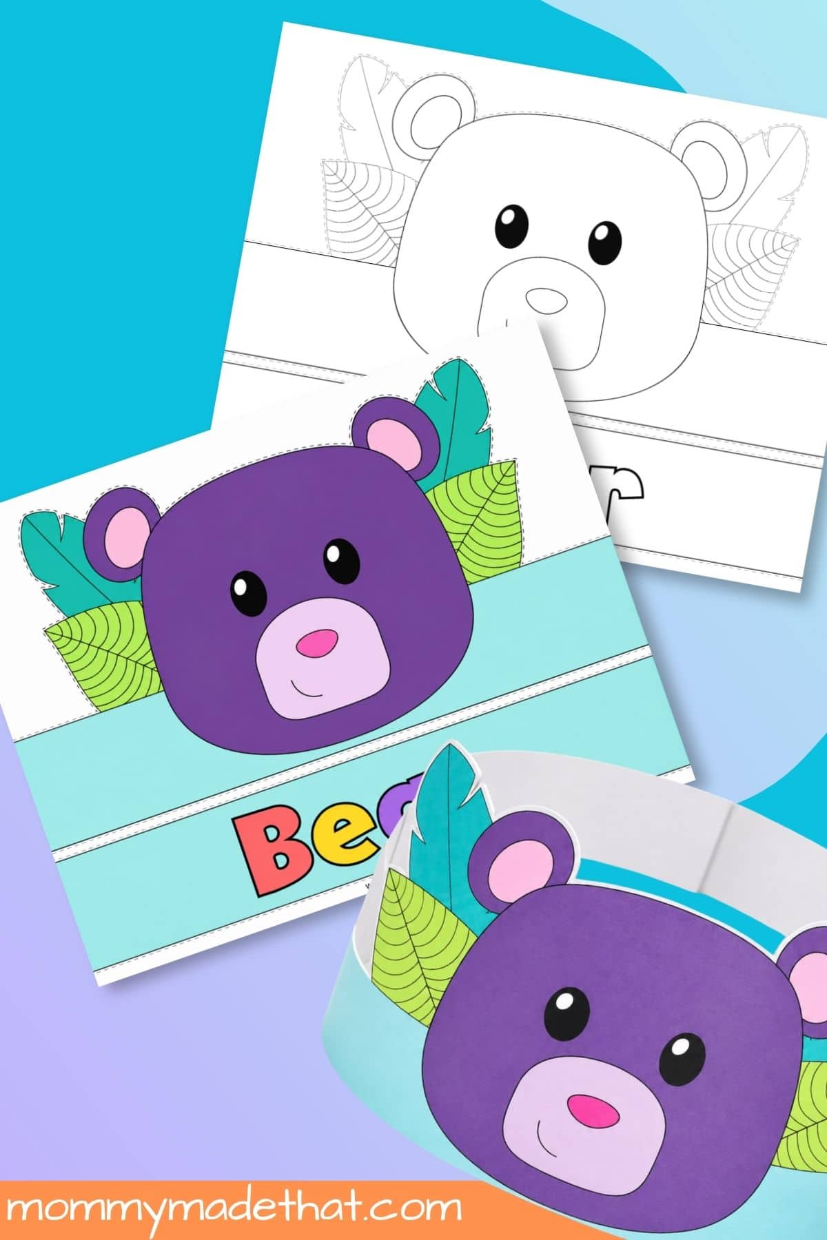 Colored and black-and-white bear crown templates beside an assembled purple bear headband