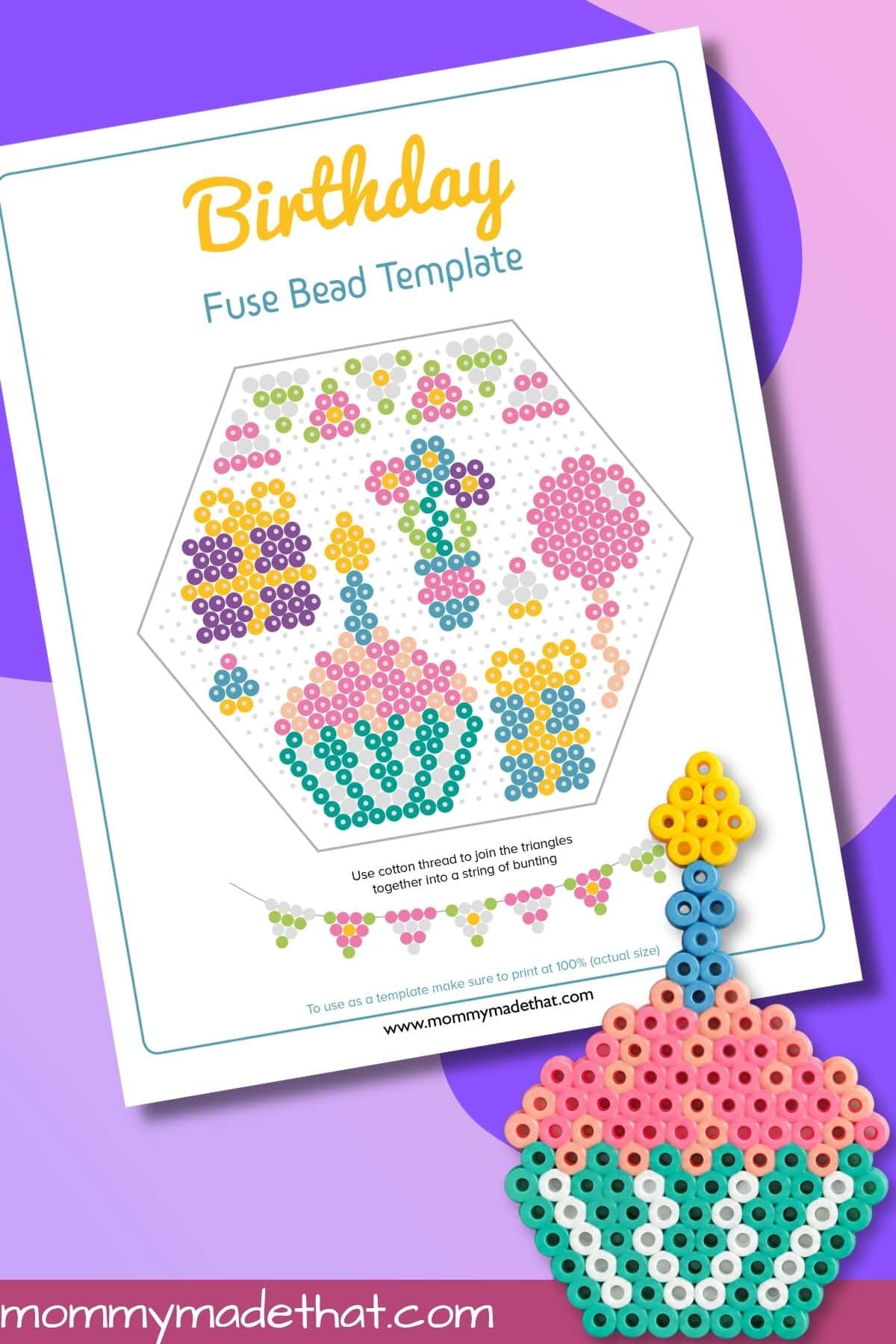 Birthday Hama bead template with a finished pink and teal cupcake