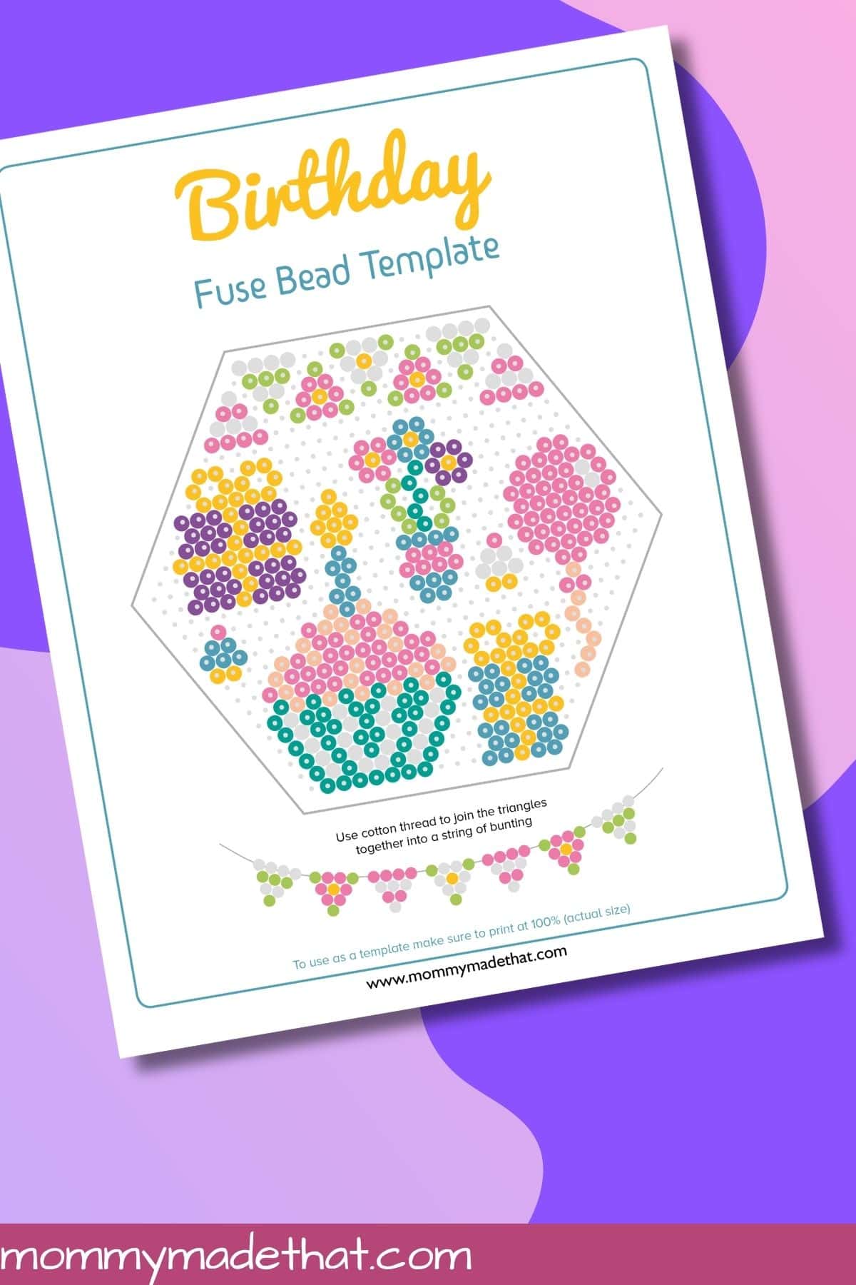 Printable birthday fuse bead patterns on a hexagonal pegboard grid