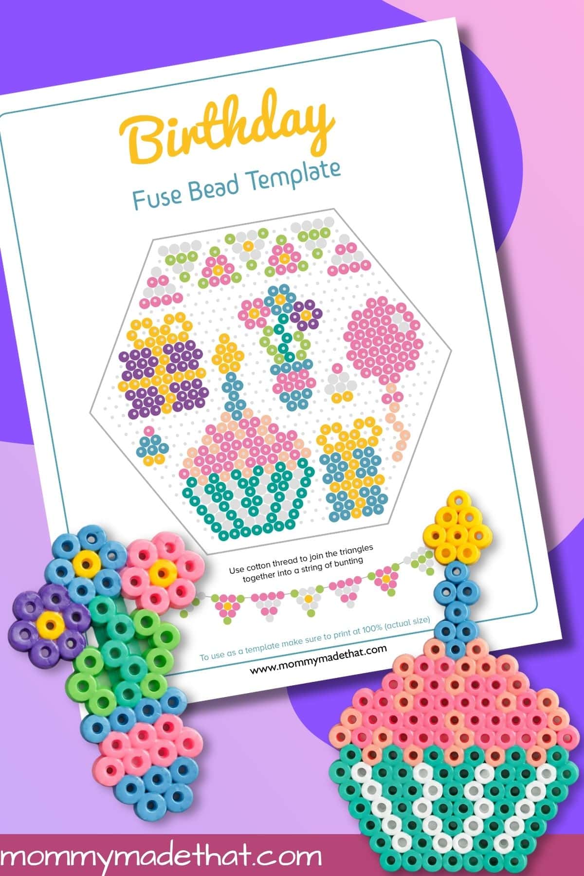 Birthday bead pattern sheet with finished cupcake and flower designs