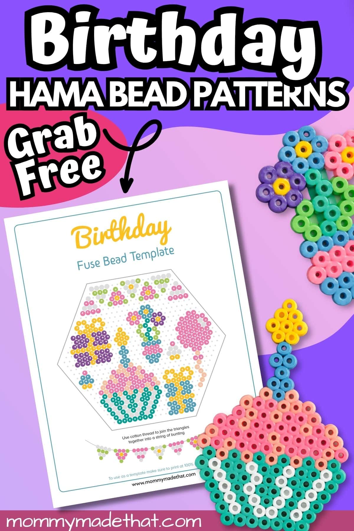 Free birthday Hama bead patterns with printable template and finished bead crafts