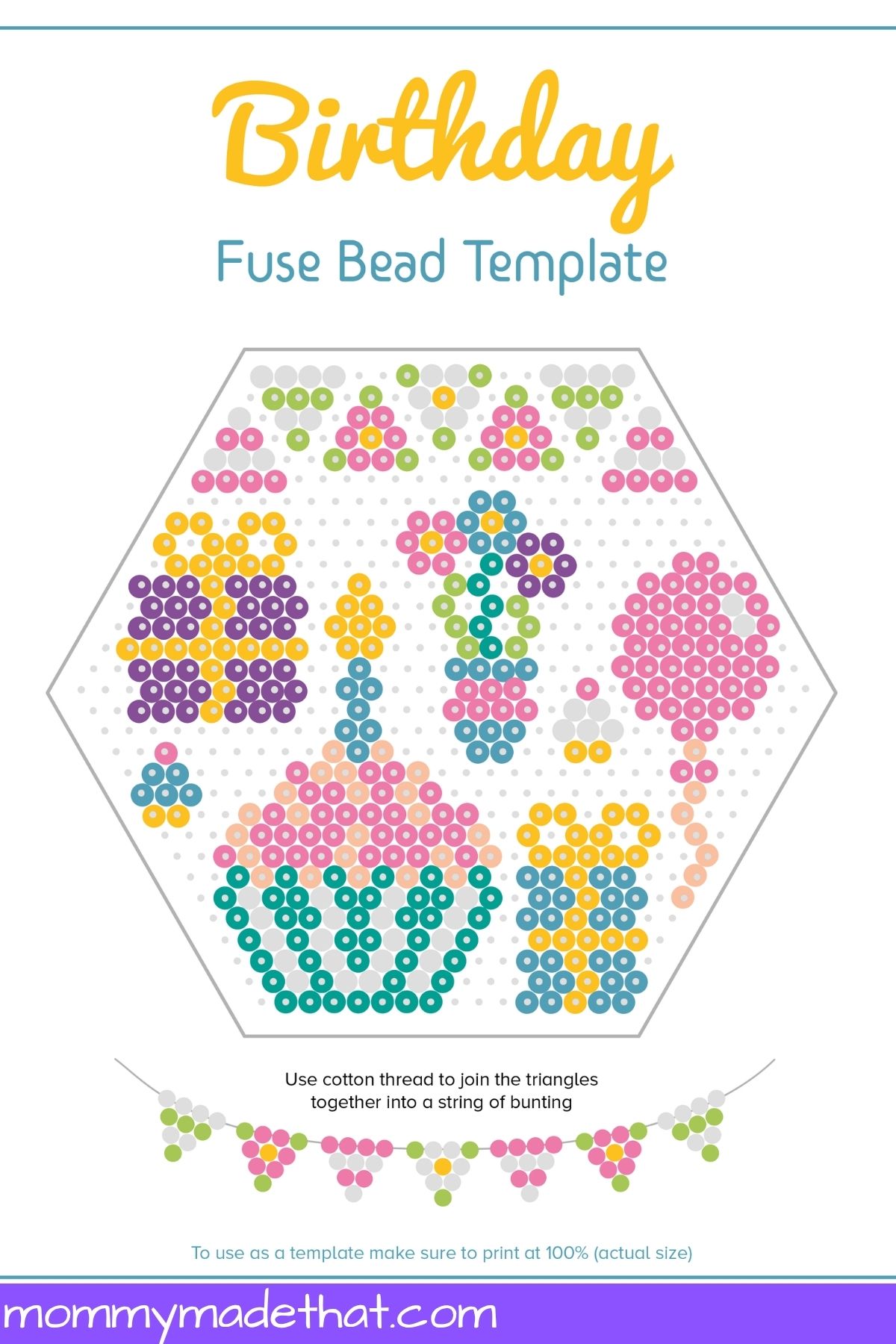 Birthday fuse bead template with cupcake, presents, balloon, flowers, and bunting