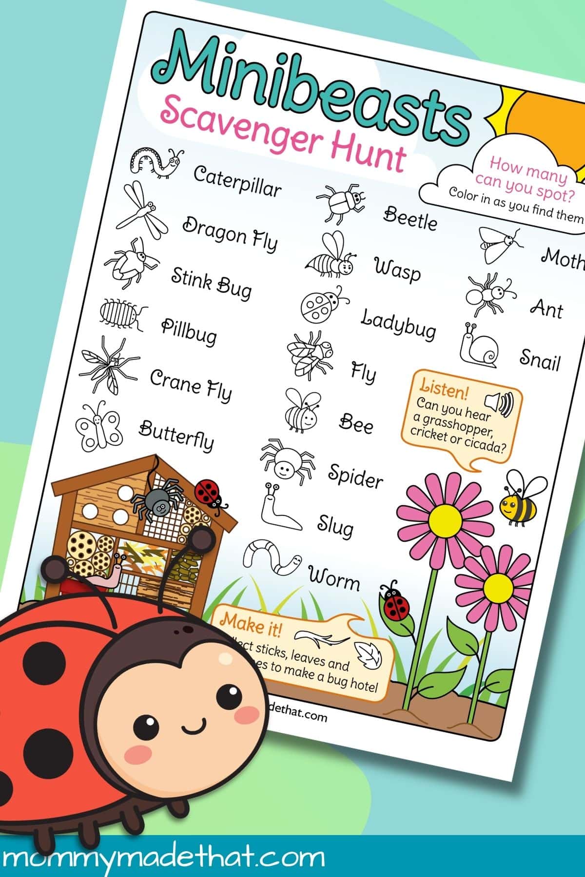 Minibeast scavenger hunt sheet with labeled creatures to color and a large ladybug illustration.