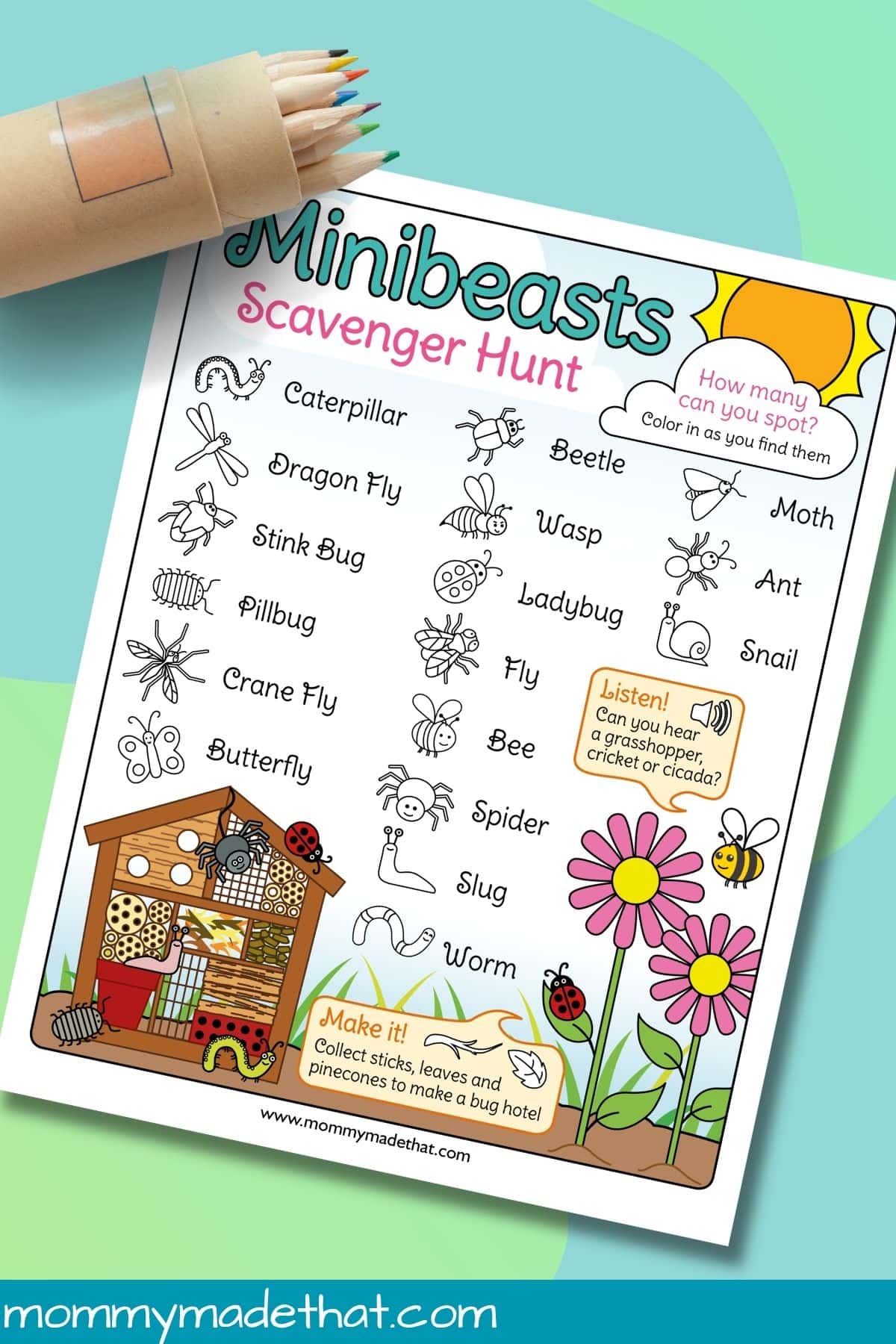 Minibeast hunt printable beside colored pencils, with 17 creature pictures and two bonus prompts.