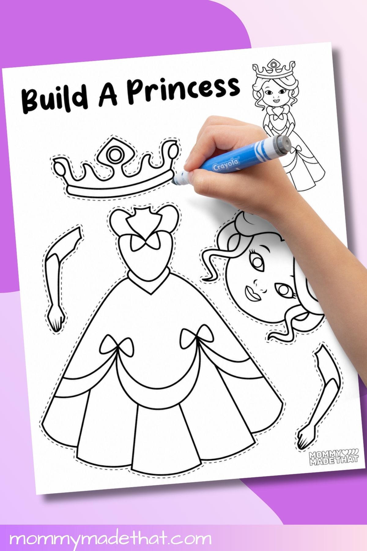 Child coloring the crown on a build a princess printable